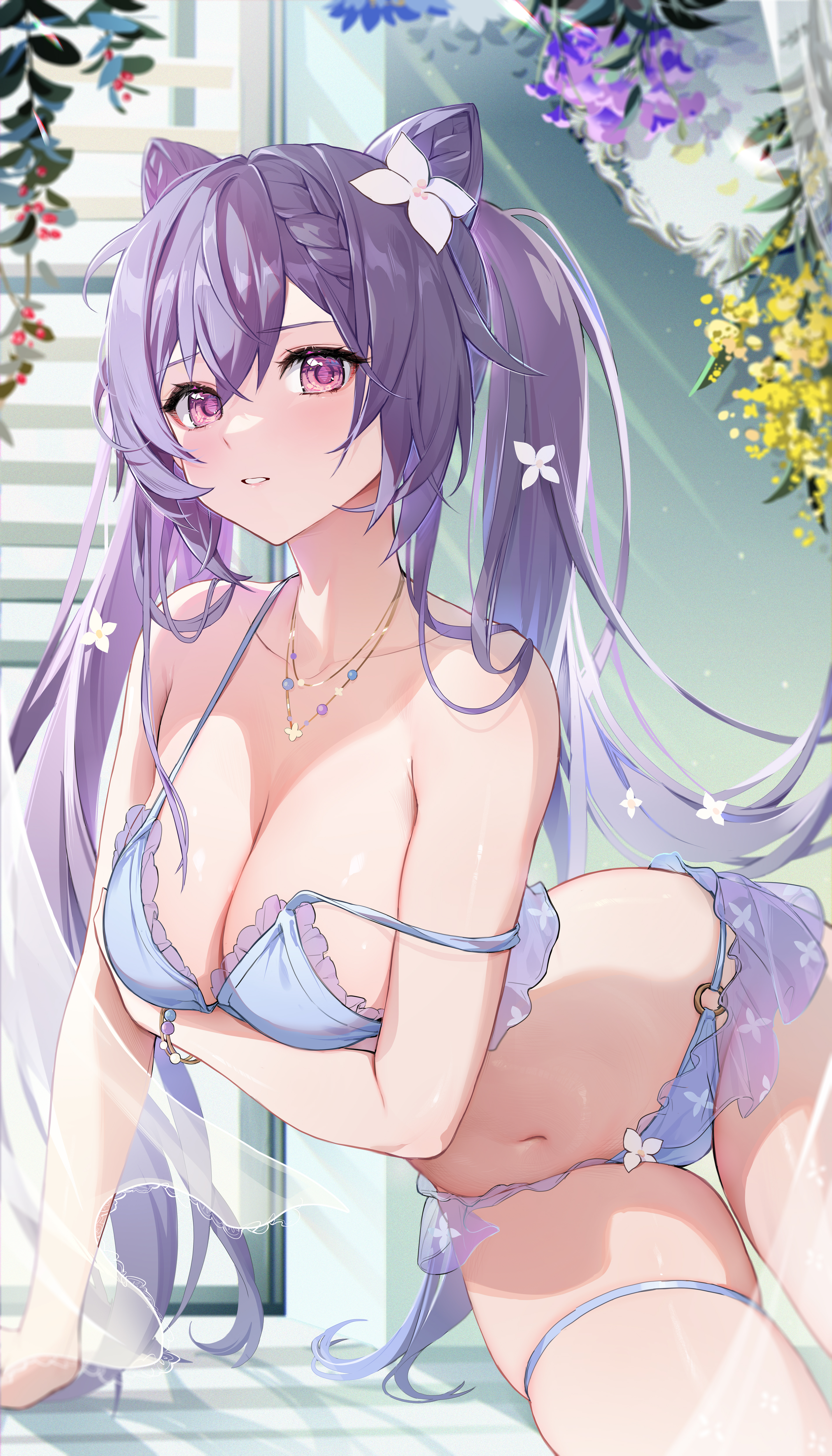 1girls, 2022, absurd res, arm under breasts, blush, bra, breasts, cleavage, female, female only, genshin impact, hips, houkiboshi (mmjw7432), keqing (genshin impact), large breasts, lingerie, long hair, necklace, panties, purple eyes, purple hair, slim waist, thick thighs, thighs, twintails, wide hips