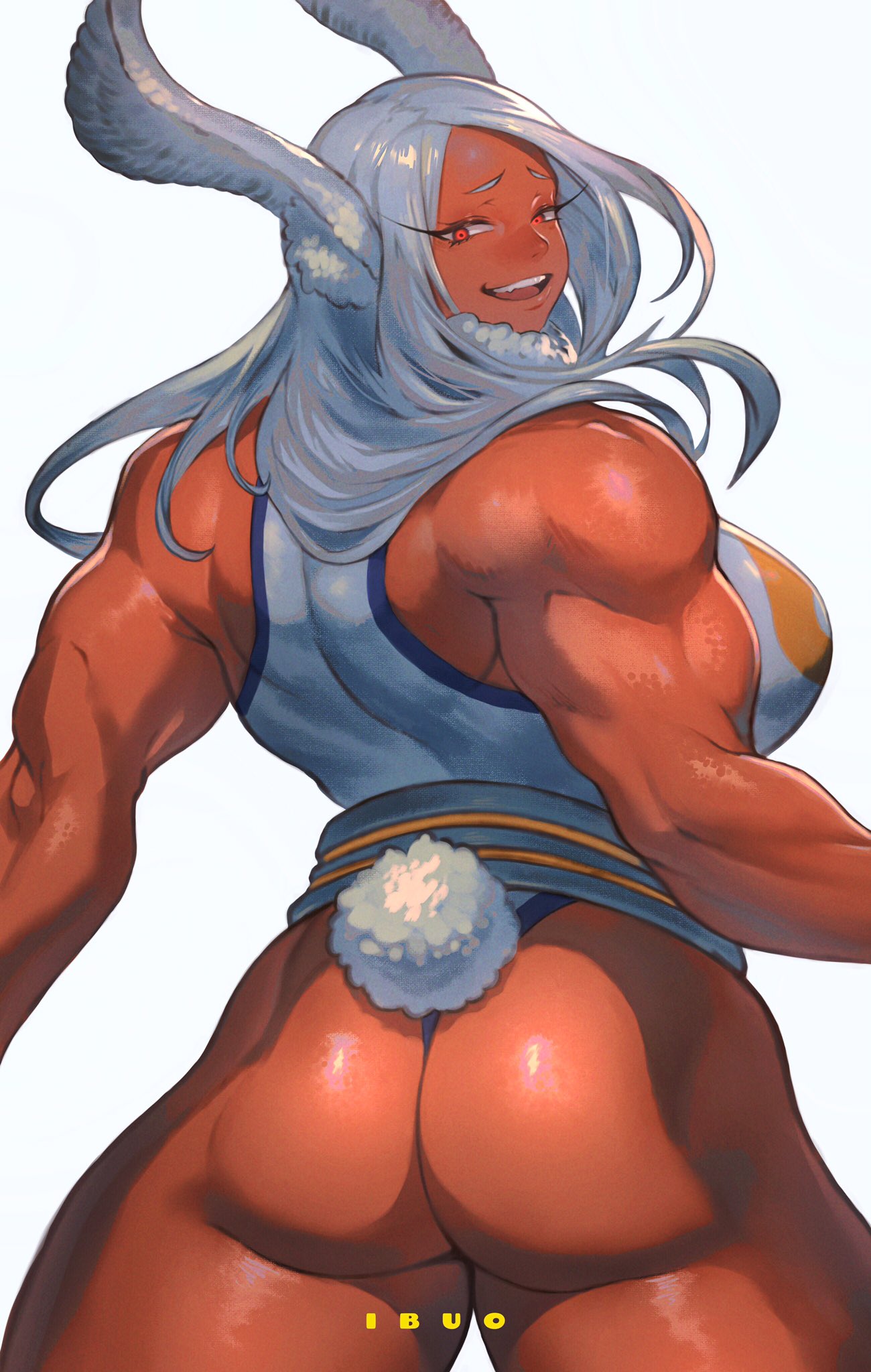1girls, ass, back view, big ass, big breasts, boku no hero academia, breasts, bunny ears, bunny tail, dark skin, dark-skinned female, female, female only, hero outfit (mha), hi res, ibuo, leotard, long hair, looking at viewer, looking back, miruko, muscular, muscular female, my hero academia, red eyes, rumi usagiyama, shounen jump, smiling at viewer, solo, solo female, tail, white hair