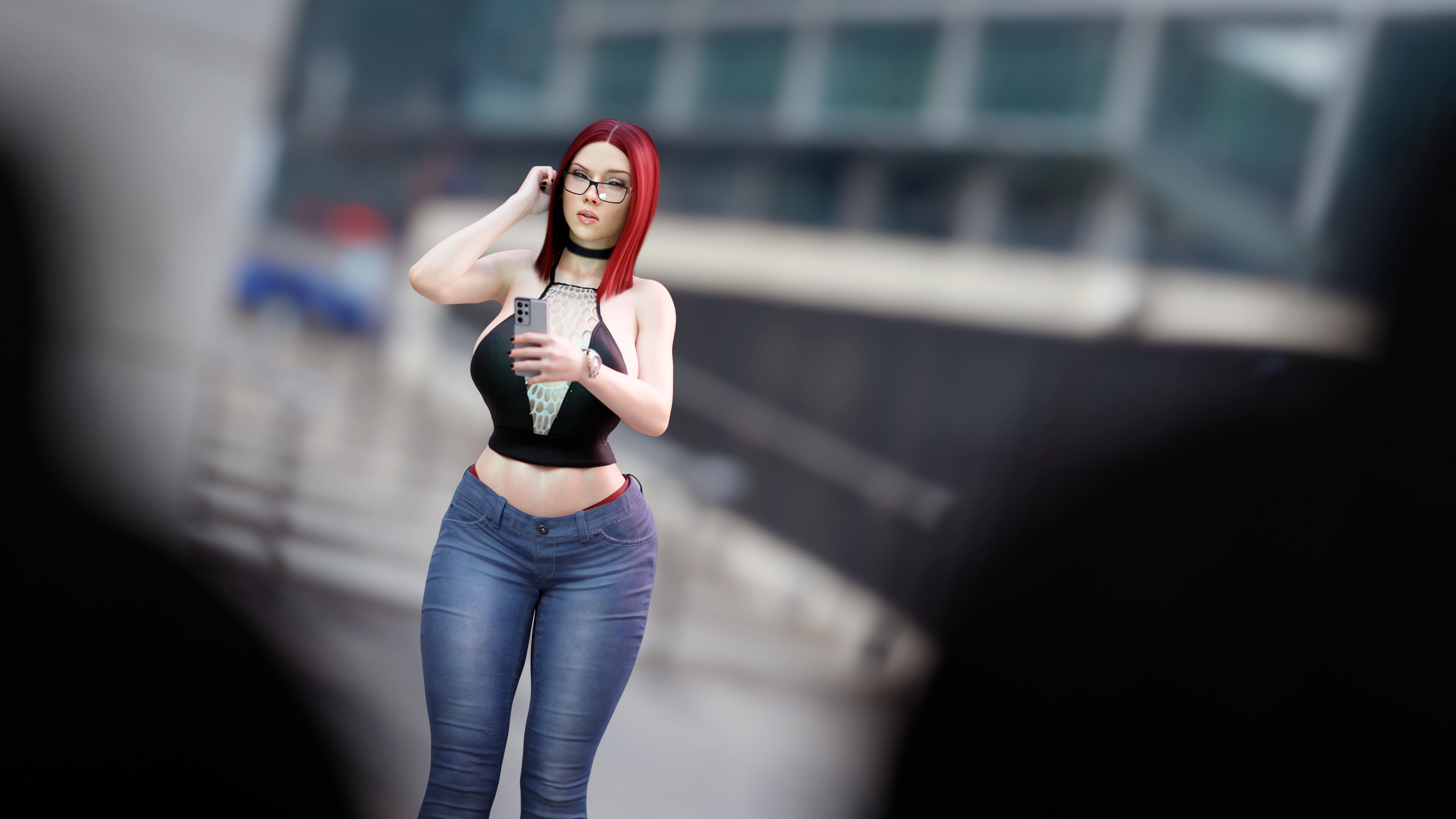 3d, black widow (marvel), breasts, busty, dinoboy555, female, female focus, glasses, hourglass figure, human, human only, jeans, light skin, light-skinned female, long hair, marvel, marvel comics, natasha romanoff, red hair, scarlett johansson, tagme, wide hips