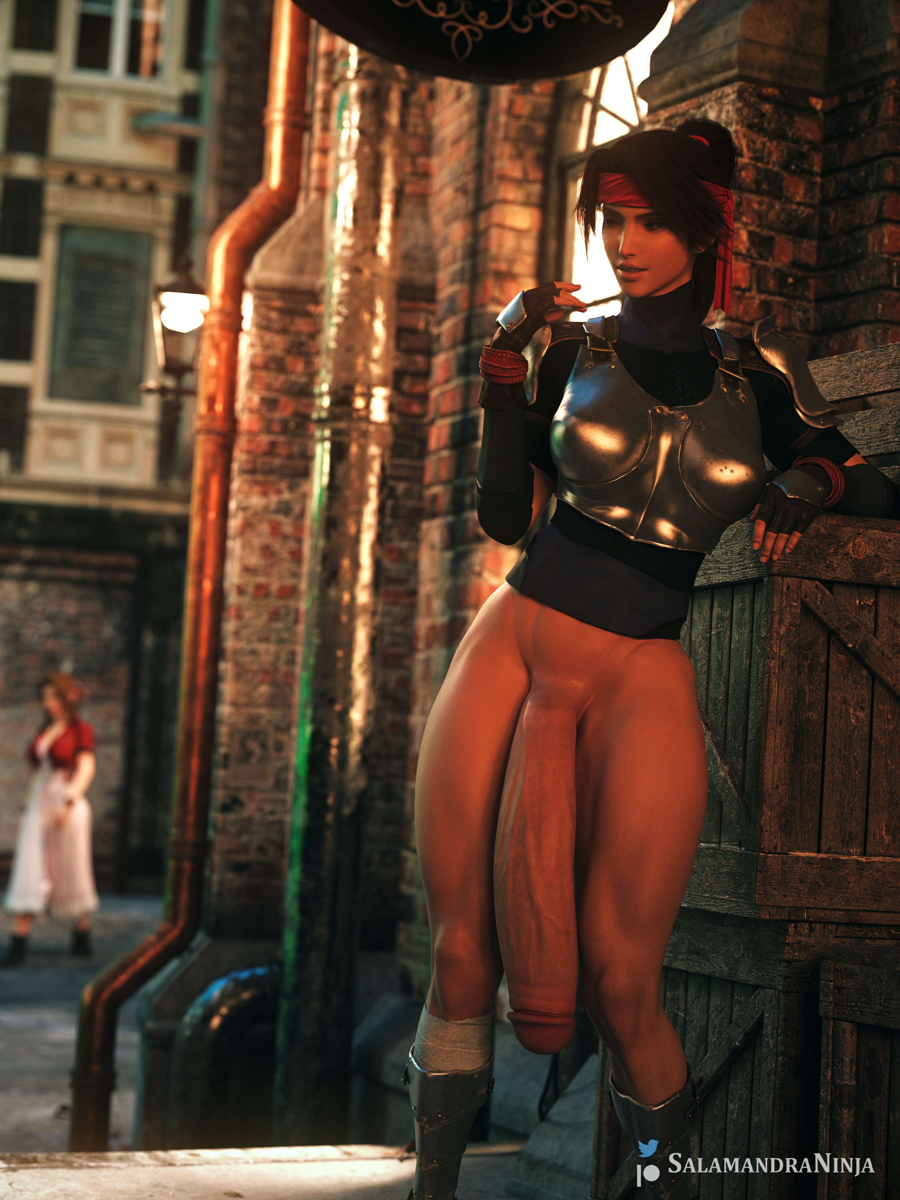 1futa, 1girls, 3d, aerith gainsborough, breasts, brown hair, busty, female, final fantasy, final fantasy vii, final fantasy vii remake, flaccid, futa focus, futanari, hourglass figure, intersex, jessie rasberry, long hair, nude, nudity, penis, salamandraninja, tagme, wide hips