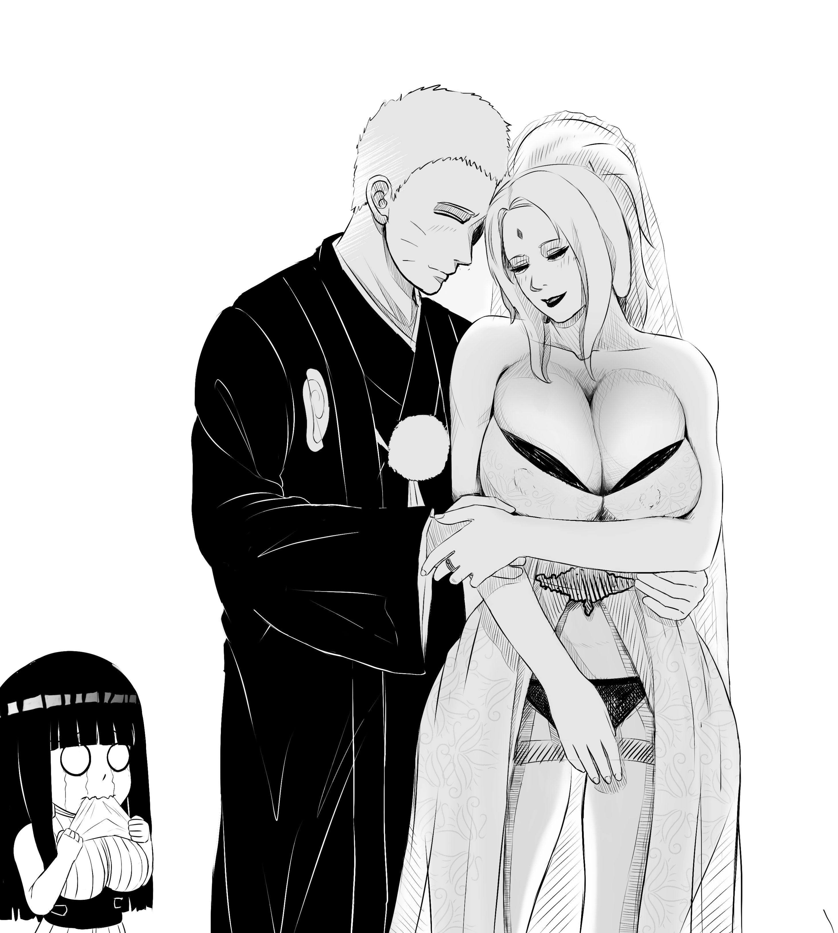 1girls, 2girls, adapted costume, age difference, babydoll, being watched, big breasts, blank eyes, blush, breasts, chibi, crying, cuckquean, female, holding hands, husband and wife, hyuuga hinata, hyuuga hinata (naruto: the last), kimkun0162, kimono, lingerie, looking at another, looking at partner, makeup, male, male/female, married, married couple, mature, mature female, monochrome, naruto, naruto (series), naruto shippuden, naruto: the last, no sex, older female, ponytail, revealing clothes, stockings, tears, tied hair, tsunade, uzumaki naruto, veil, watching, wedding dress, wedding ring, younger male