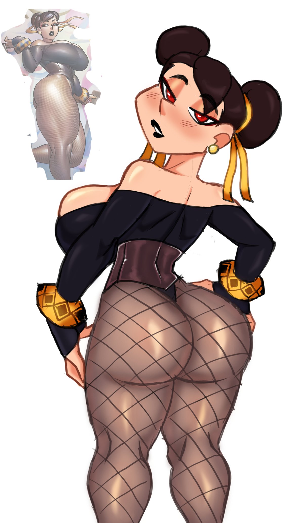 1girls, asian, ass, back view, big ass, big breasts, black lipstick, blush, breasts, capcom, chinese, chun-li, clothing, double bun, female, female only, fishnet pantyhose, fishnets, goth, goth chun-li, hand on hip, looking at viewer, looking back, narrowed eyes, pantyhose, presenting ass, red eyes, reference image, street fighter, thick thighs, wide hips, zrfurious