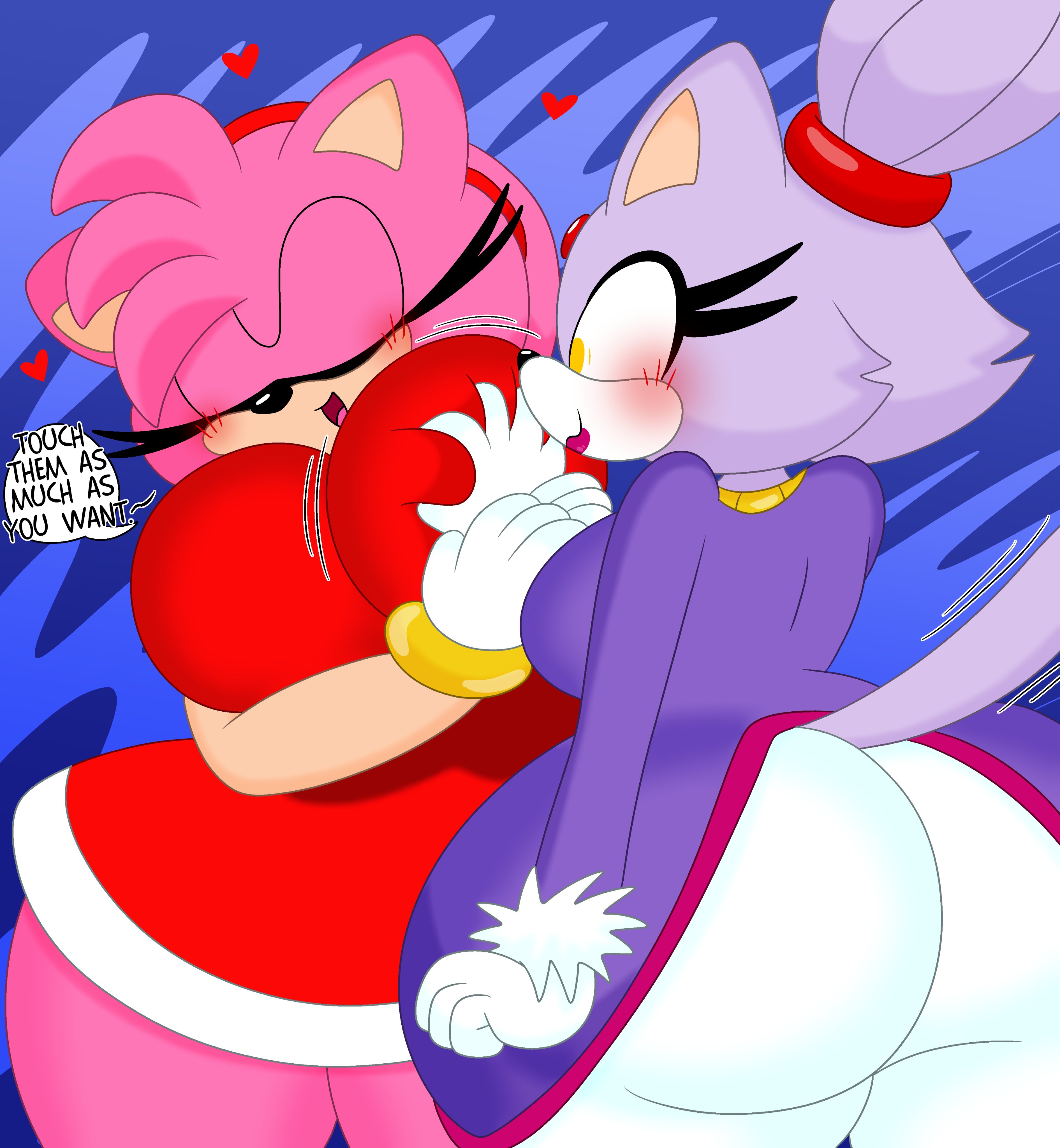 2girls, 3barts, amy rose, anthro, ass, big ass, big breasts, blaze the cat, blush, breast grab, breasts, clothing, dialogue, feline, female, female only, groping, guided breast grab, hedgehog, huge ass, huge breasts, inviting, sega, sonic (series), sonic the hedgehog (series), text, thick thighs, wide hips, yuri