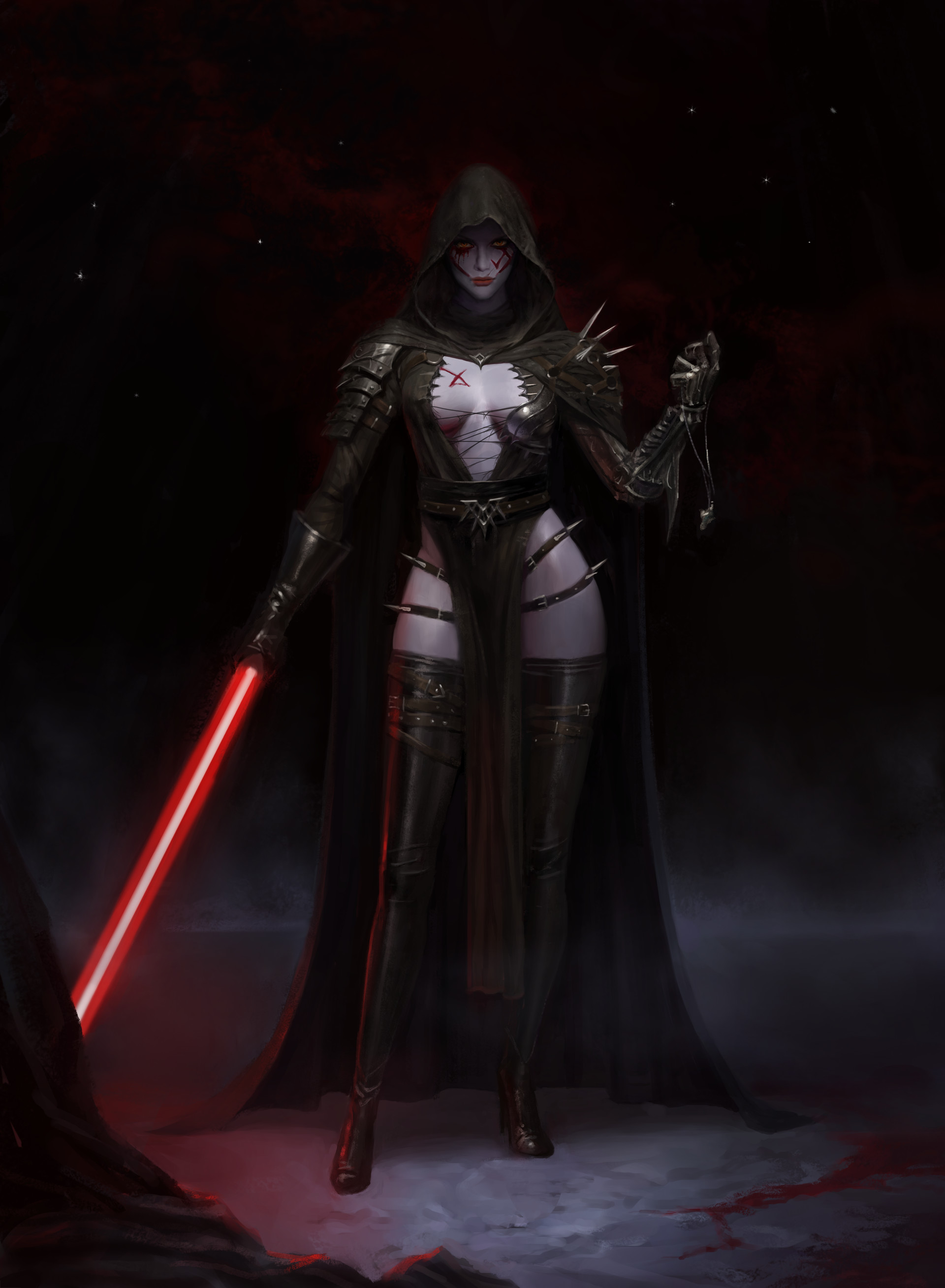 1girls, black cape, cape, dark side, female, female only, light skin, light-skinned female, lightsaber, original character, pale skin, pale-skinned female, partially clothed, partially clothed female, red lightsaber, sith, sith lady, solo, solo female, star wars, star wars legends, tattoo, tattoos, yellow eyes, yoon seseon