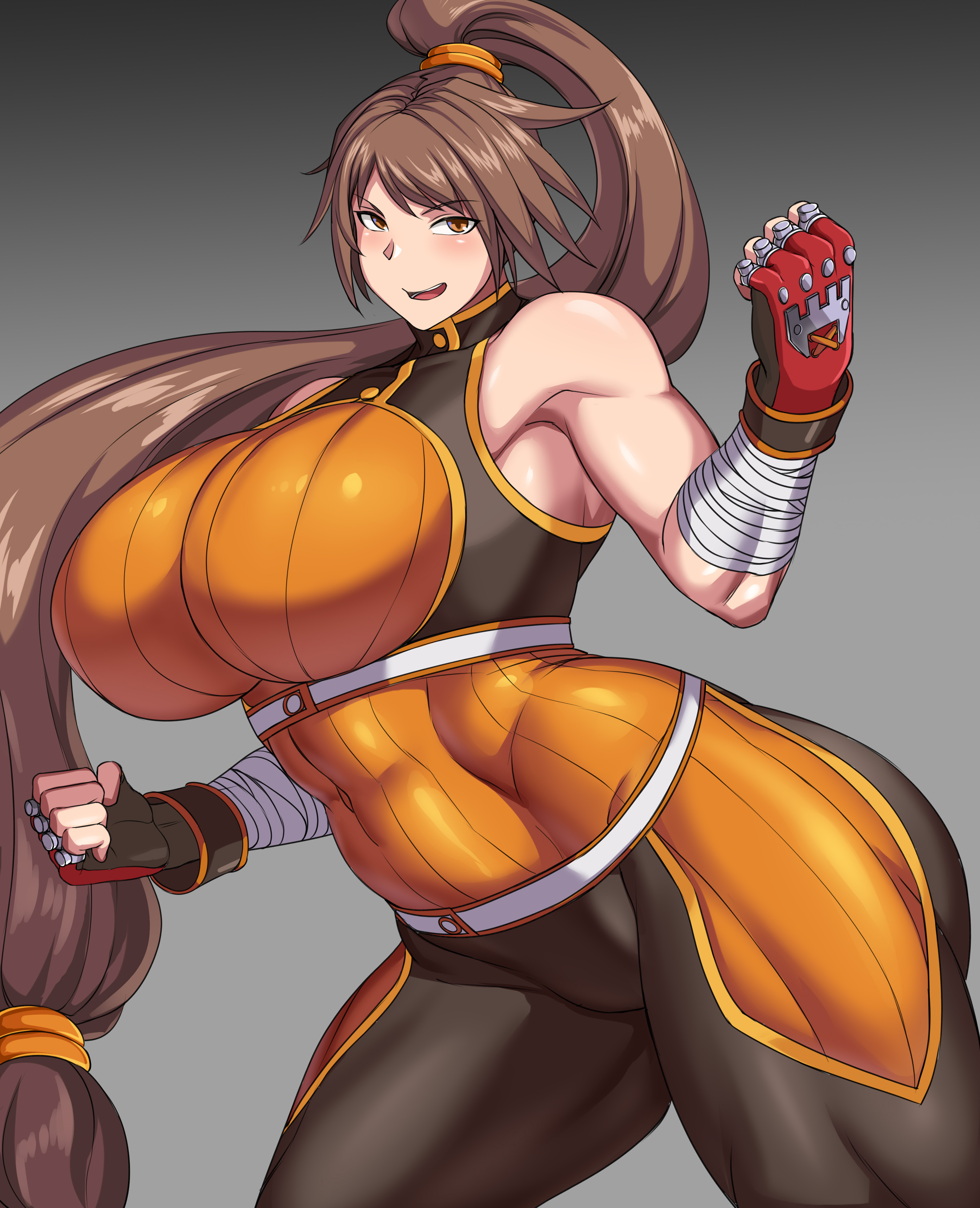 1girls, alternate body type, alternate breast size, big breasts, breasts, brown hair, busty, curvaceous, curvy, curvy body, curvy female, curvy figure, dungeon and fighter, dungeon fighter online, enormous breasts, female, female focus, female only, fighter (dungeon and fighter), gloves, huge breasts, large breasts, looking at viewer, love321, ponytail, solo, solo female, striker (dungeon and fighter), thick thighs, thighs, voluptuous, wide hips