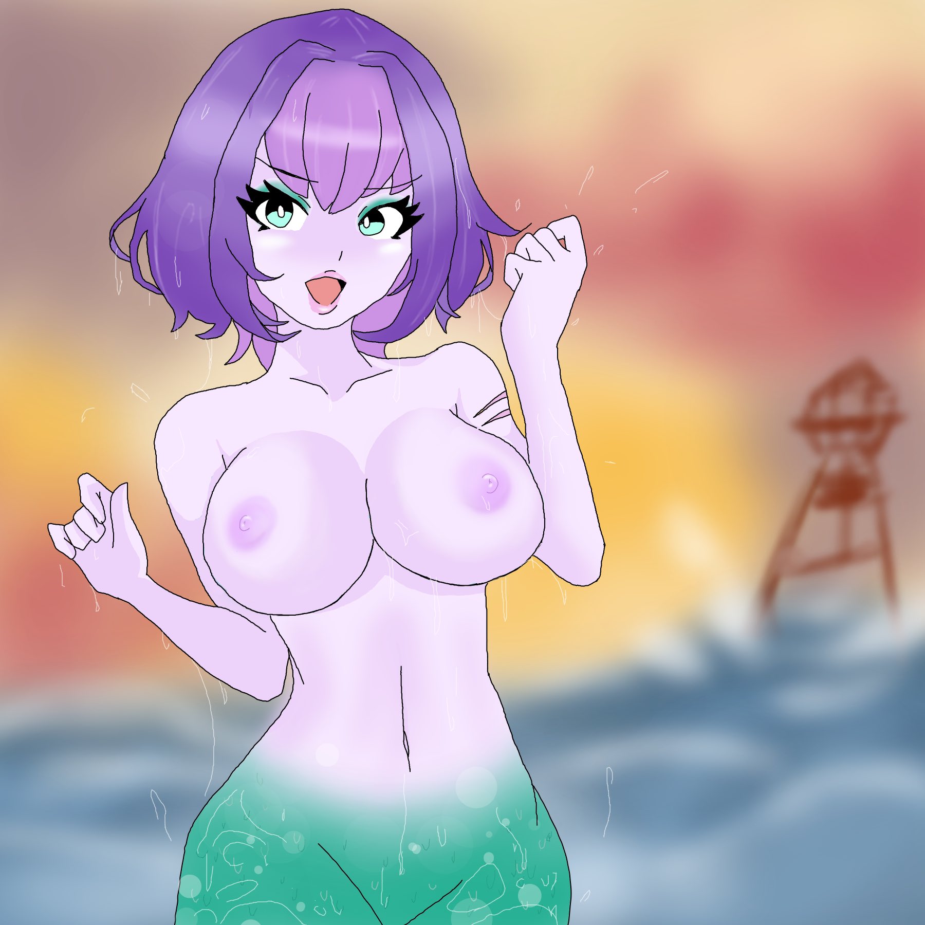 1girls, areola, areolae, belly button, big breasts, blue eyes, breasts, cala maria, cuphead (game), exposed breasts, female, hips, large breasts, merfolk, mermaid, midriff, naked, navel, nipples, nude, open mouth, purple hair, scar, seaside, smile, solo, solo female, tagme (artist), thin waist