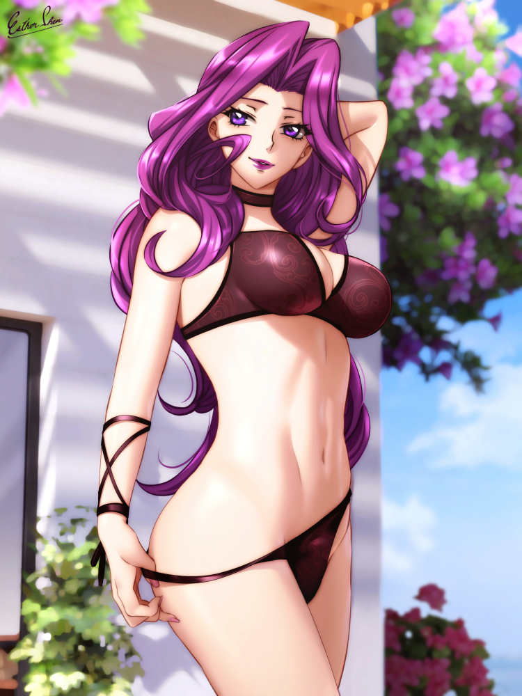 1girls bikini cleavage code_geass cornelia_li_britannia esther-shen large_breasts long_hair purple_eyes purple_hair