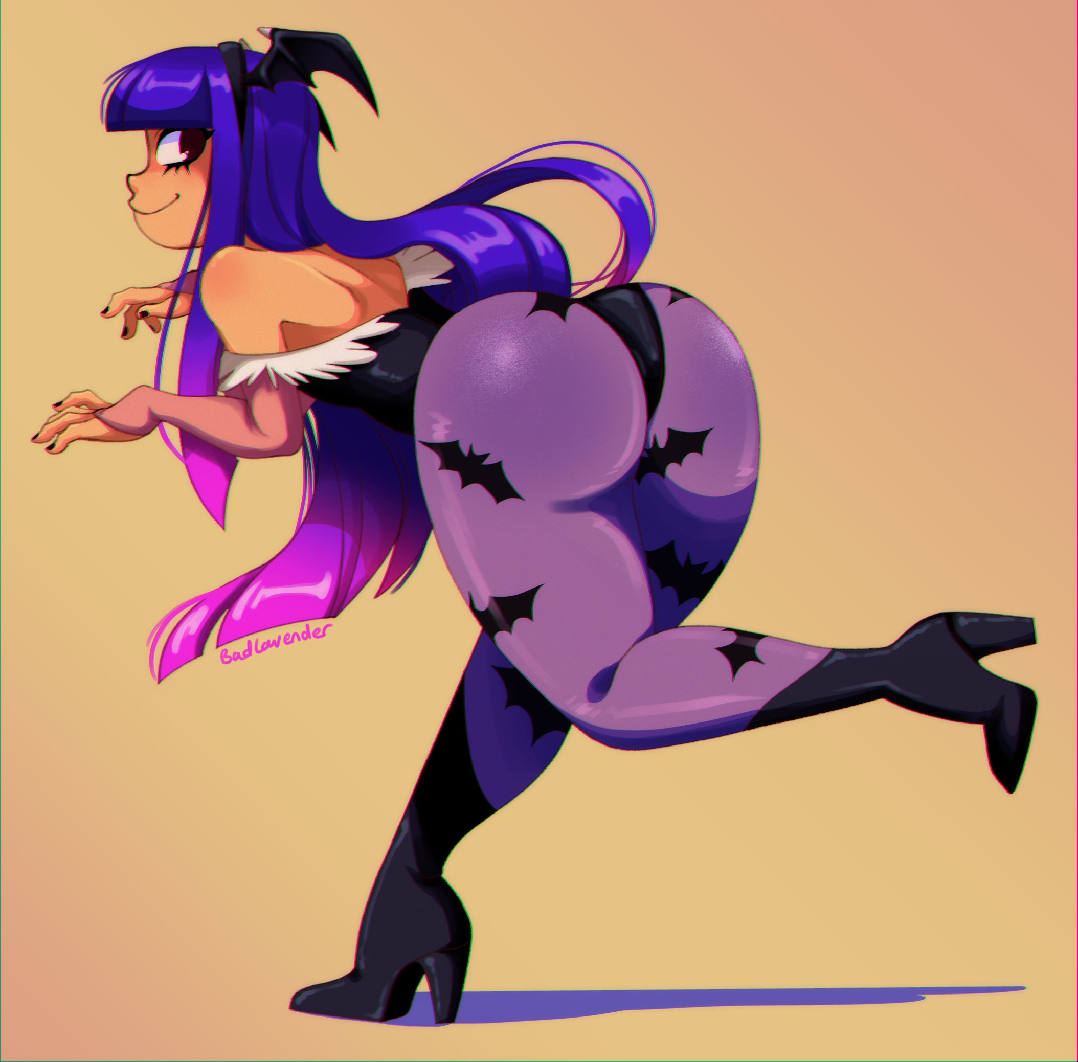 1girls, 2020, 2d, ass, back view, badlavender, bat print, bent leg, bent over, black eyes, blue hair, capcom, clothing, color, cosplay, darkstalkers, female, female only, full color, glitch techs, halloween, head wings, heel boots, hi res, high heel boots, high heels, leotard, long hair, looking at viewer, looking back, miko kubota, morrigan aensland (cosplay), nickelodeon, pantyhose, pink highlights, purple pantyhose, smiling at viewer, solo, solo female, standing on one leg, thick ass, thick thighs