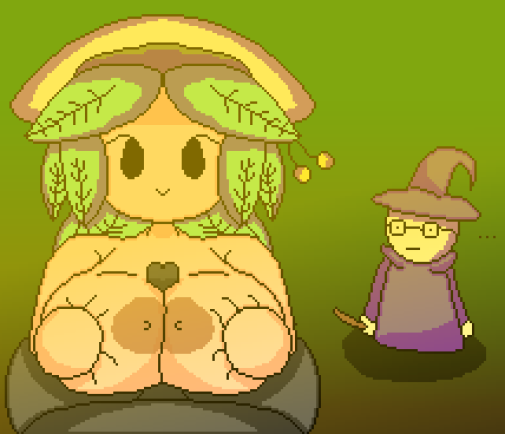 alternate_version_at_source anonymous_artist brown_nipples cute hands_on_breasts large_breasts leaf_hair mother_nature_(tower_heroes) paizuri penis_between_breasts pixel_art roblox roblox_game small_nipples smile smiling smiling_at_viewer straw_hat titjob tower_heroes wizard_(tower_heroes)