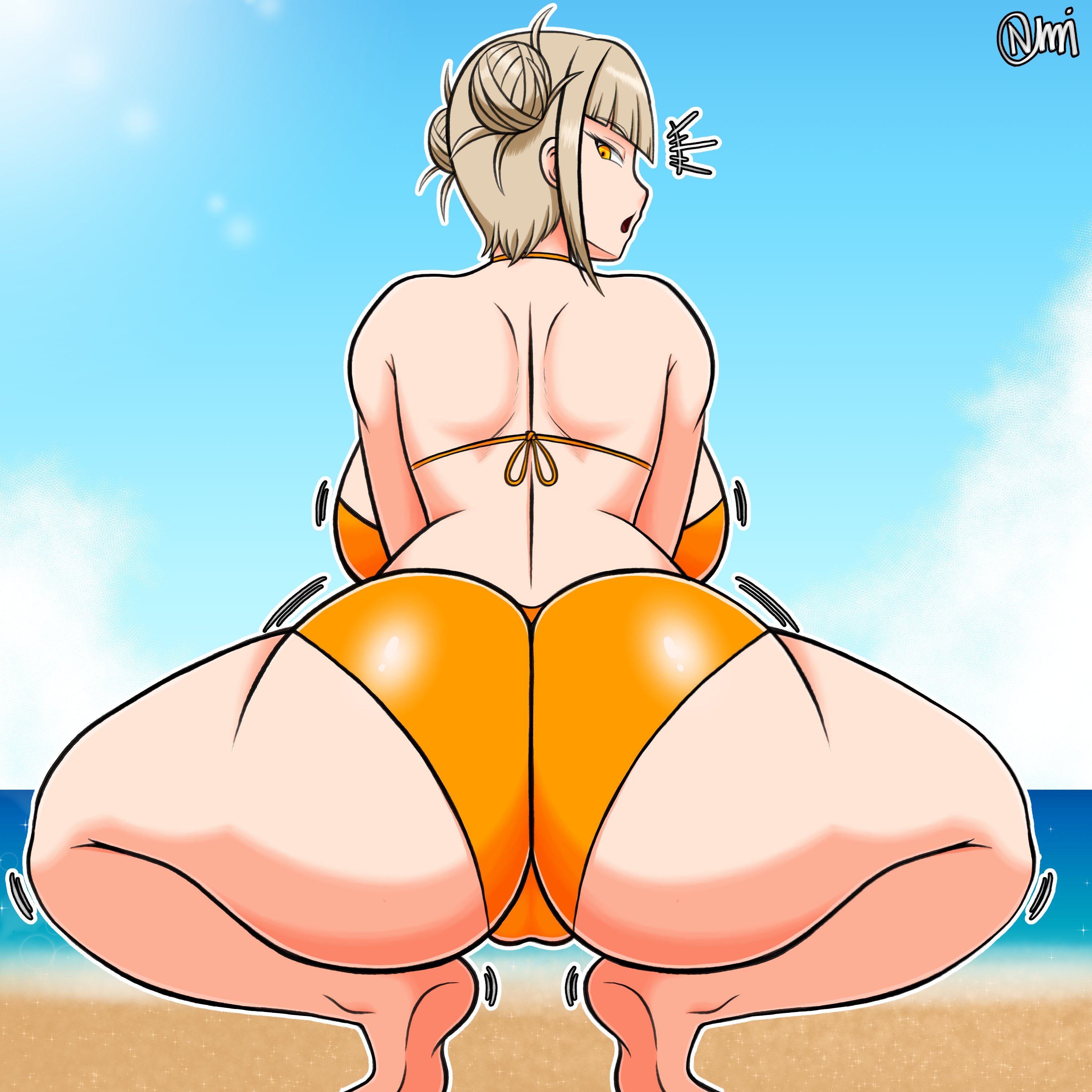 1girls, ass, ass shake, backboob, beach, big ass, big breasts, bikini, blonde female, blonde hair, bouncing ass, breasts, child bearing hips, clothing, feet, female, female only, himiko toga, huge ass, looking at viewer, looking back, motion lines, my hero academia, normi, sideboob, squatting, swimsuit, thick thighs, twerking, wide hips, yellow eyes