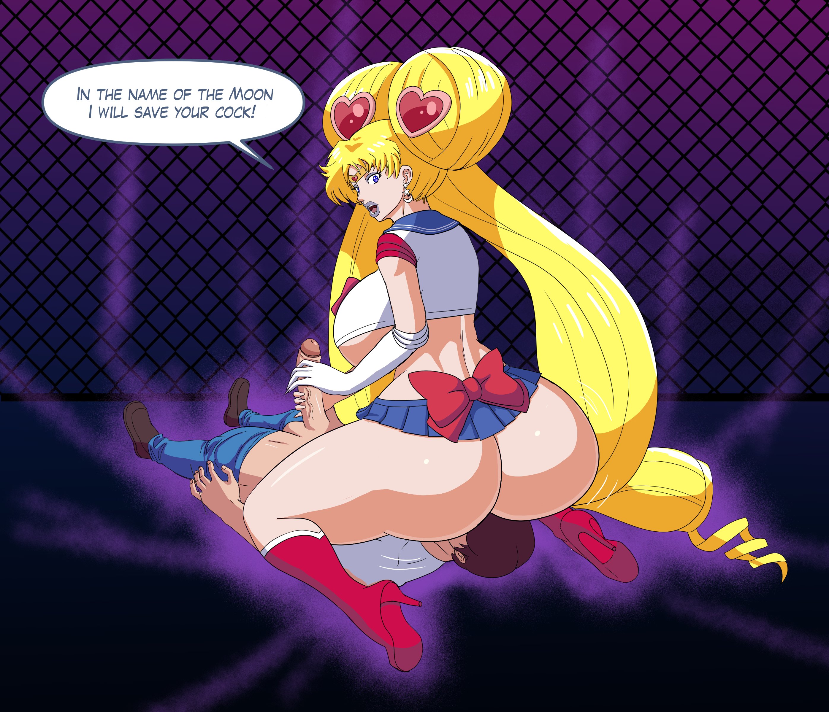 1boy, 1girls, annon, ass, bimbo, bishoujo senshi sailor moon, blonde hair, breasts, clothing, facesitting, female, gloved handjob, gloves, gray eyeshadow, gray lips, gray lipstick, grey lipstick, handjob, high heel boots, high heels, huge ass, huge breasts, large breasts, light skin, light-skinned female, light-skinned male, male, penis, sailor moon, skirt, speech bubble, thick lips, thick thighs, twintails, unseen male face, usagi tsukino, white gloves, wide hips