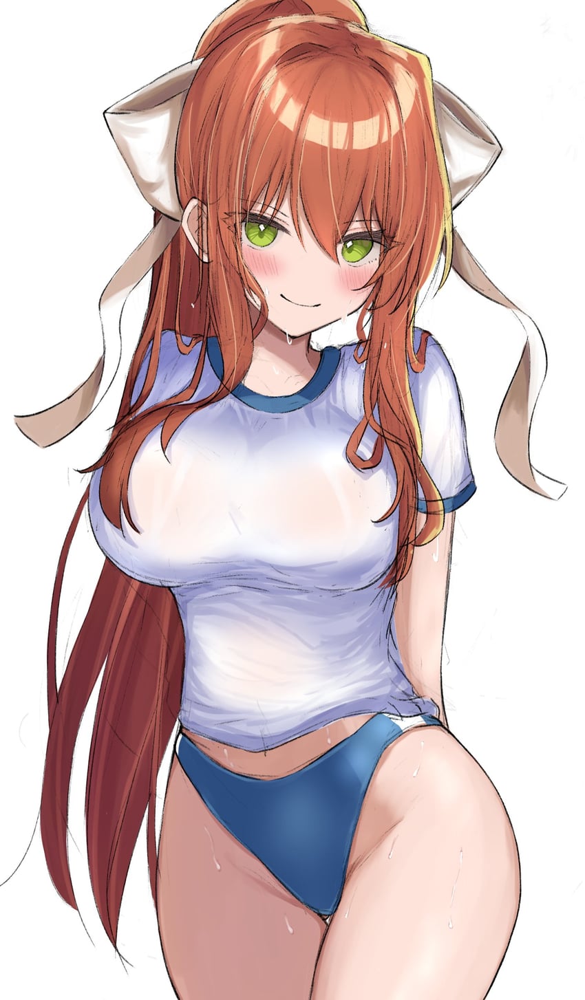 1girls, arms behind back, big breasts, blush, bow, breasts, brown hair, clothed, clothes, clothing, doki doki literature club, female, green eyes, gym uniform, hair, hair accessory, hair bow, hair ribbon, hips, large breasts, long hair, looking at viewer, monika (doki doki literature club), panties, pov eye contact, ribbon, seductive, seductive look, seductive smile, simple background, smile, smiling, solo, solo female, sweat, sweating, thick thighs, thighs, white background, wide hips, yon4444444
