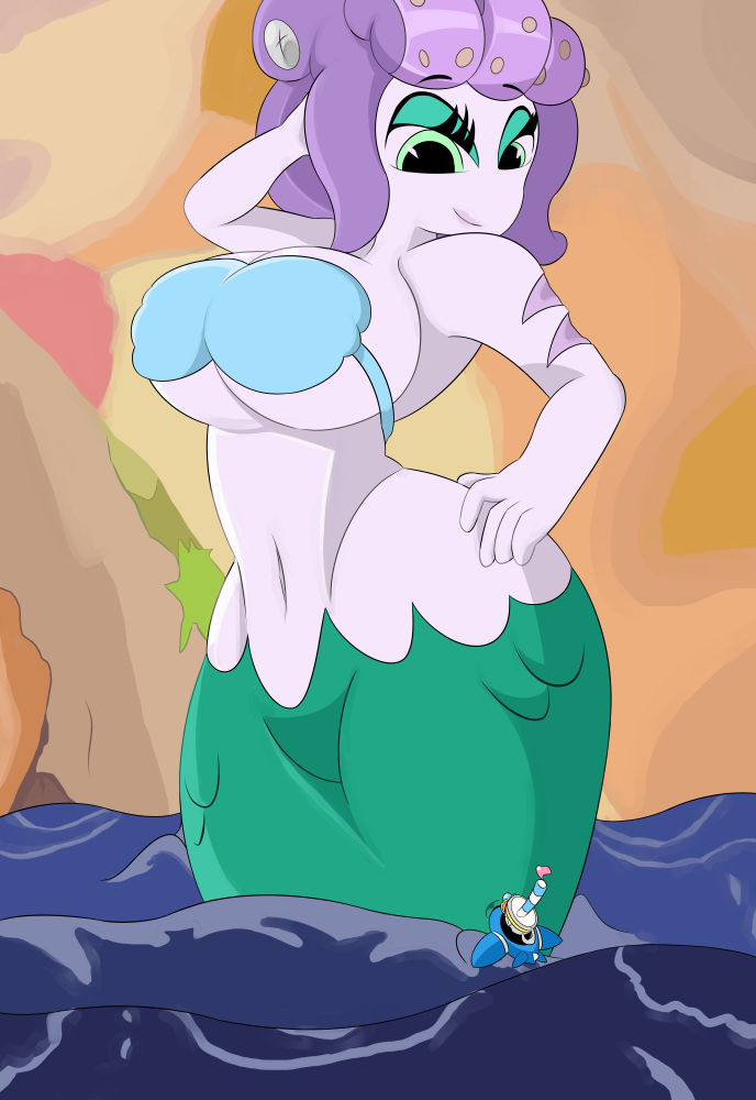 breasts cala_maria canon_couple cuphead_(game) female heart heterochromia huge_breasts mermaid mugman pac-man_eyes scar tail wide_hips