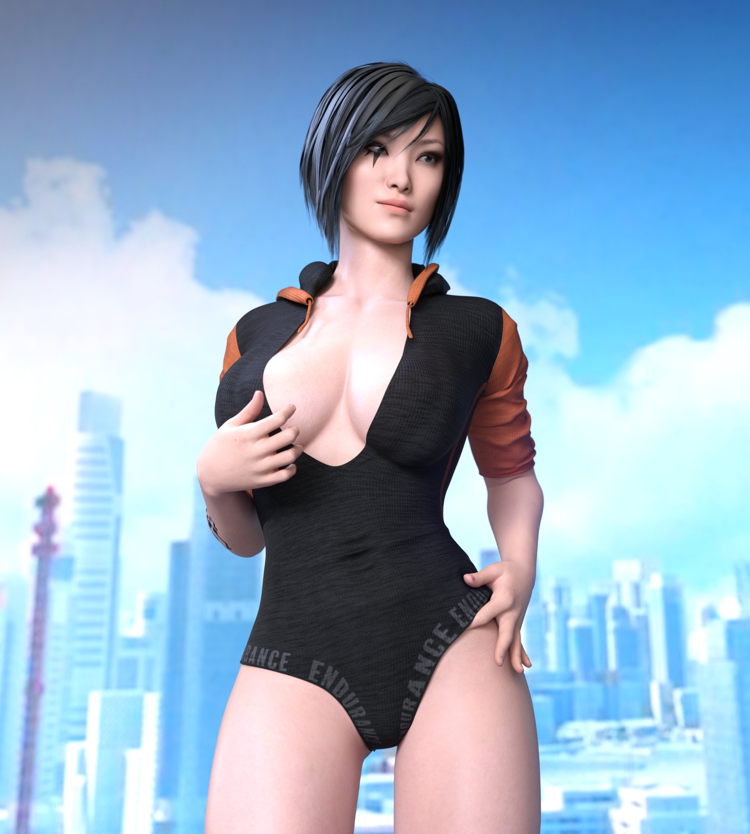 1girls, 3d, asian, asian female, bare legs, black eyes, black hair, breasts, busty, cleavage, faith connors, faith connors (mirror's edge catalyst), female, female focus, female only, hourglass figure, johntwo, large breasts, mirror's edge, mirror's edge catalyst, short hair, solo, standing, tagme, tattoo, wetsuit, wide hips