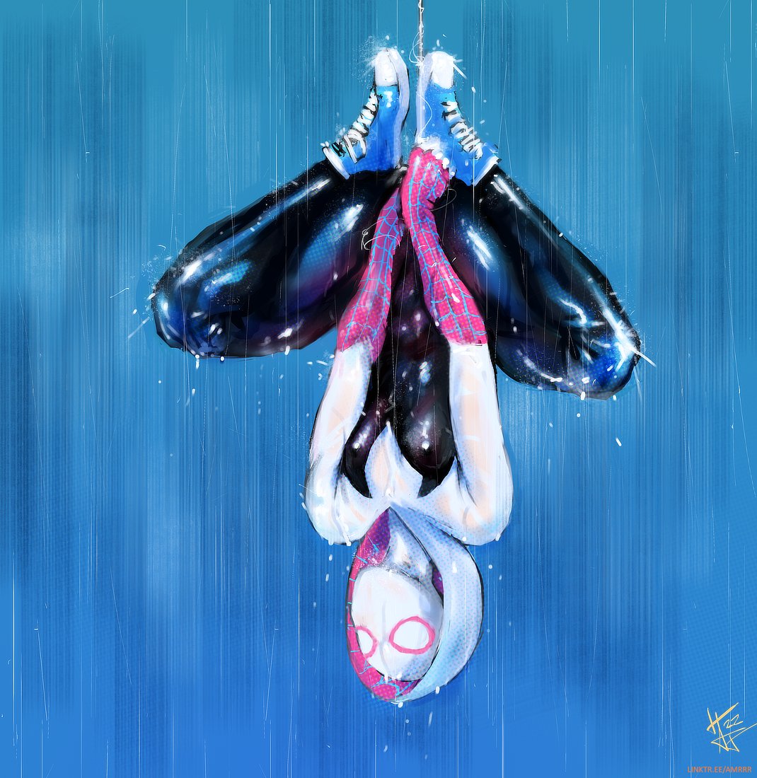 1girls, amrrr, breasts, female, female only, gwen stacy, hoodie, human, human only, marvel, marvel comics, mask, outfit, shoes, solo, solo female, spider-gwen, spider-man (series), spider-man: into the spider-verse, superheroine, tagme, thick thighs, thighs, upside-down, wet, wet clothes