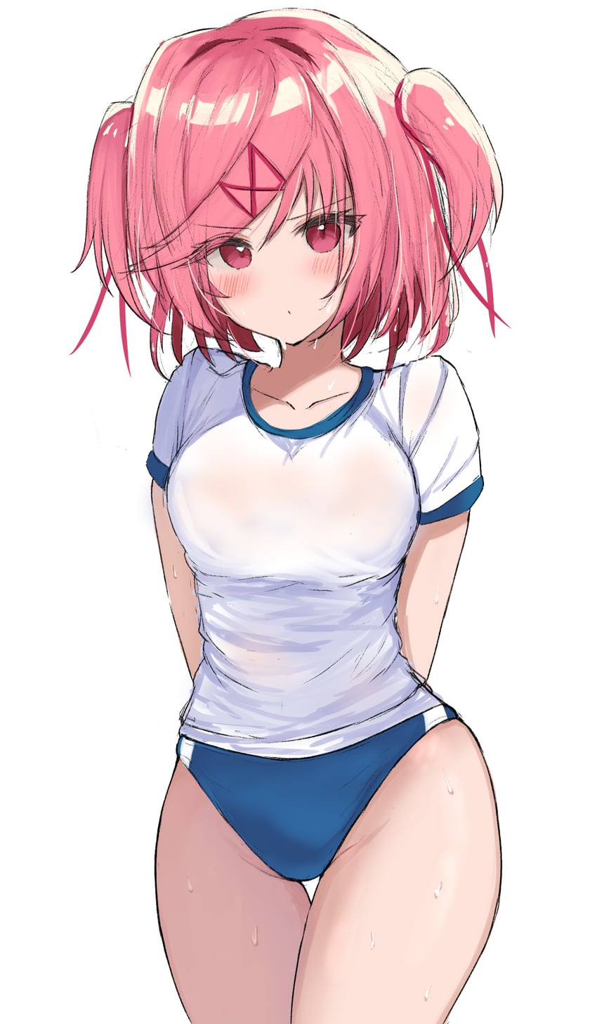 :o, 1girls, breasts, buruma, doki doki literature club, female, gym uniform, medium breasts, medium hair, natsuki (doki doki literature club), pink hair, sweat, sweating, tagme, wide hips, yon4444444
