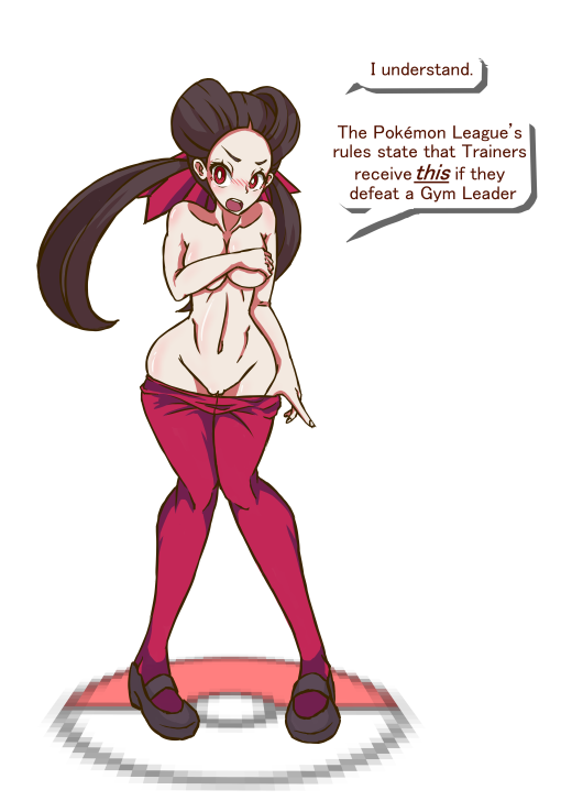 blush brown_hair covering_breasts flat_shoes flats gym_leader mary_janes pokemon pokemon_(game) pokemon_rse pulling_down_pants pussy red_eyes roxanne_(pokemon) shoes text_bubble topless