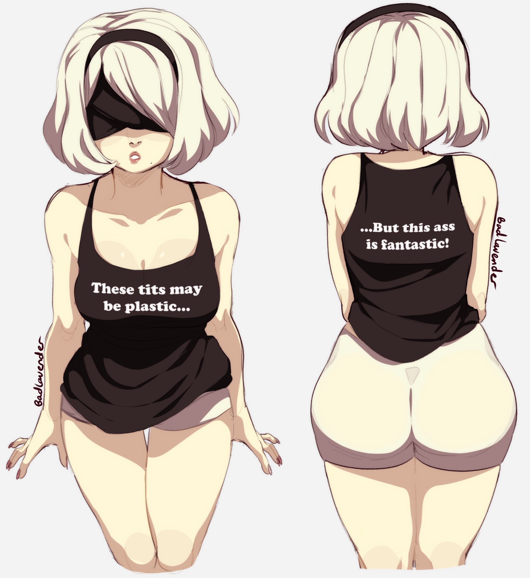 1girls, 2022, android, ass, back view, badlavender, black shirt, blindfold, english text, female, female only, hairband, hi res, medium hair, mole, mole under mouth, nier: automata, shorts, solo, solo female, tank top, text, text on clothing, white background, white hair, yorha 2b
