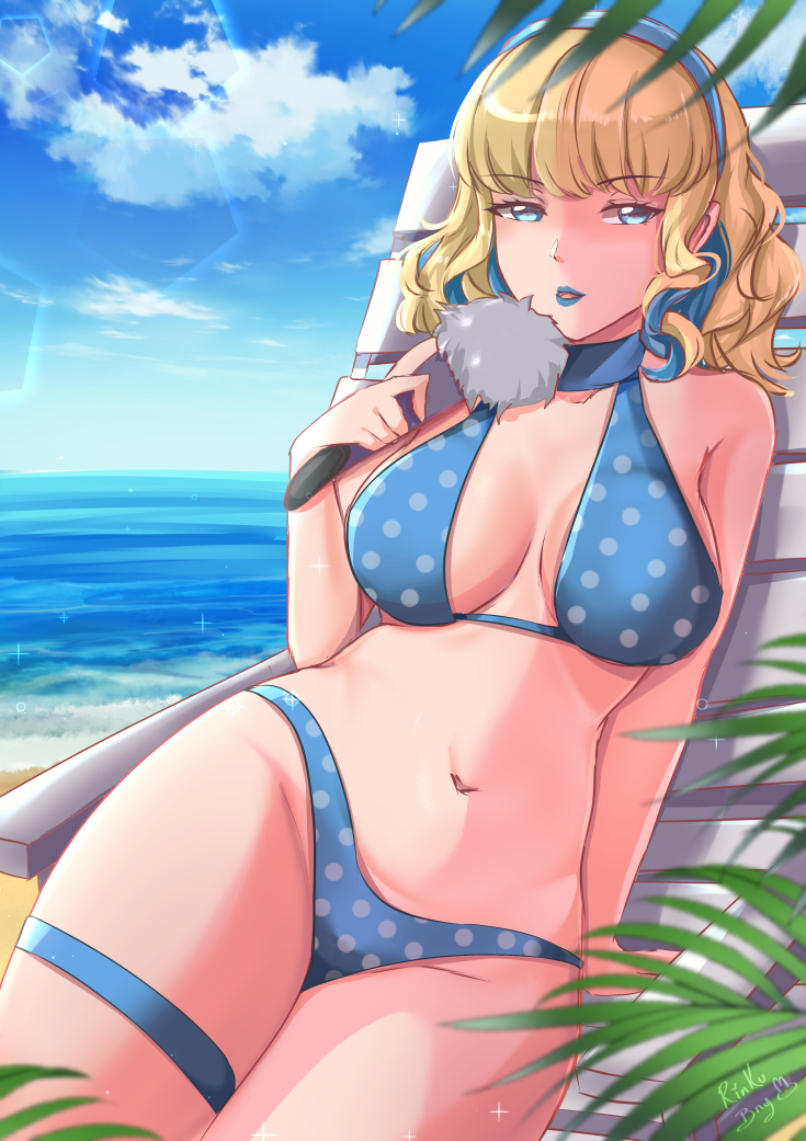 1girls, alternate costume, bangs, bare shoulders, beach, beach chair, bikini, blonde female, blonde hair, blue bikini, blue eyes, blue hair, blue hairband, blue lips, blue lipstick, breasts, colored inner hair, constance von nuvelle, female, female only, fire emblem, fire emblem: three houses, hairband, hand fan, holding, holding fan, lipstick, makeup, medium breasts, multicolored hair, navel, nintendo, ocean, outdoors, polka dot, polka dot bikini, rinku bny, swimsuit, thigh strap, two-tone hair