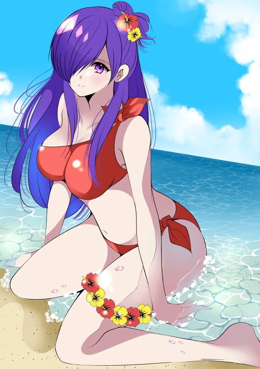 1girls alternate_costume bangs beach bikini breasts cleavage closed_mouth fe135700 female female_only fire_emblem fire_emblem:_three_houses fire_emblem_warriors:_three_hopes flower hair_bun hair_over_one_eye highres large_breasts long_hair looking_at_viewer nintendo purple_eyes purple_hair red_bikini red_swimsuit shez_(female)_(fire_emblem) shez_(fire_emblem) single_hair_bun smile solo swimsuit water