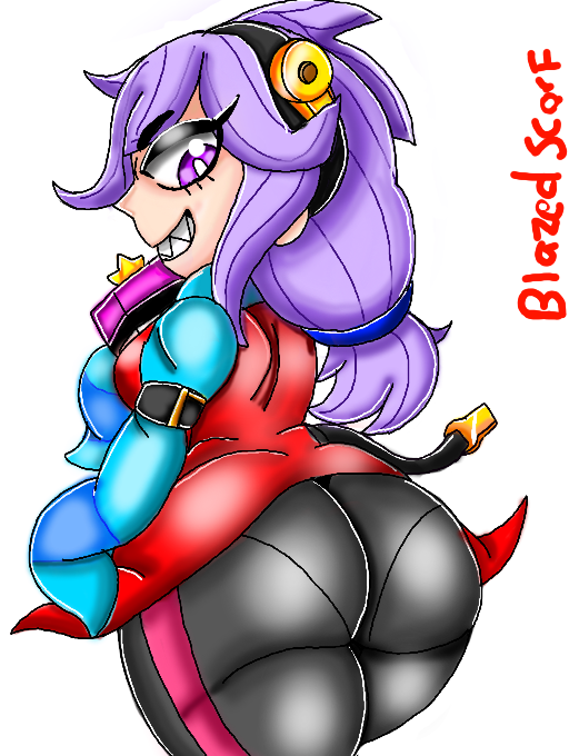 ass blazedscarf brawl_stars clothed clothing colette_(brawl_stars) female female_focus female_only looking_back purple_eyes purple_hair thick_thighs thighs video_games