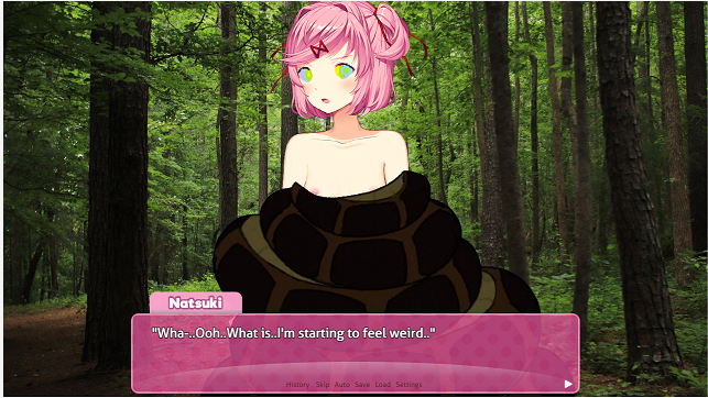 1girls bad_edit coiled coiled_up coiling coiling_another coils doki_doki_literature_club edit english_text female forest grass hairclip hypnosis hypnotic_eyes naked natsuki_(doki_doki_literature_club) nude nudist open_mouth panel pink_hair pink_nipples pink_text_box small_breasts small_chest snake sprite_edit text text_box trees