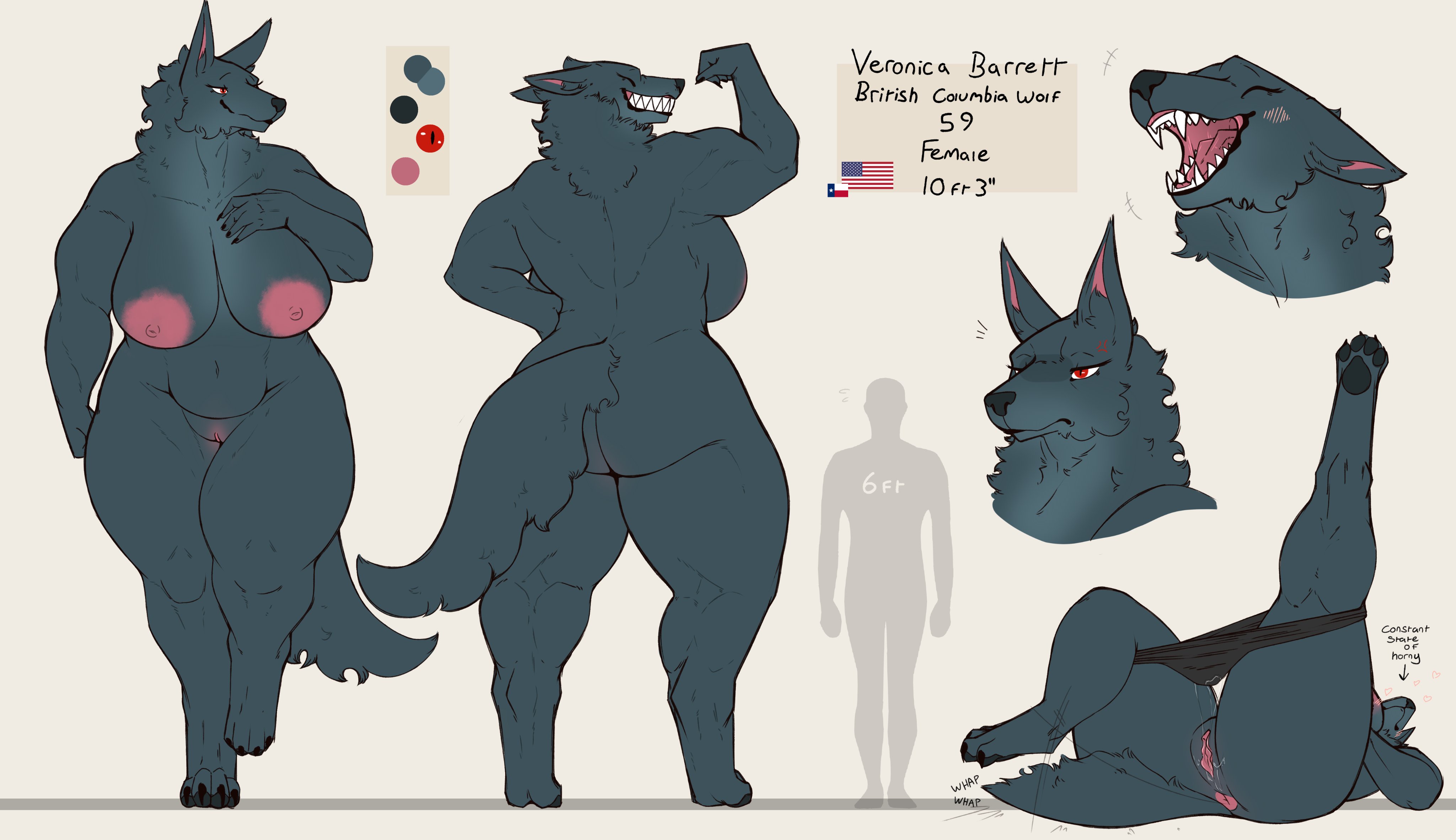 1girls, 2022, absurd res, anthro, anus, areola, ass, big ass, big breasts, big butt, biped, blush, bodily fluids, breasts, canid, canine, canis, curvy figure, digital media (artwork), digitigrade, english text, eyes closed, fangs, female, flexing, flexing bicep, fur, furry, genital fluids, genitals, grey body, grey fur, hi res, huge ass, huge butt, human, larger anthro, larger female, lying, mammal, mature female, milf, model sheet, muscular, muscular anthro, muscular female, mythological canine, mythological creature, mythology, naked, naked female, nipples, nude, nude female, on back, one leg up, open mouth, open smile, pink areola, pink nipples, pink pussy, pussy, raised leg, red eyes, securipun, sharp teeth, simple background, size difference, smaller human, smile, solo, sound effects, spread legs, spreading, standing, tagme, tail, tail motion, tailwag, teeth, text, thick thighs, vaginal fluids, veronica (securipun), voluptuous, were, werecanid, werecanine, werewolf, werewolf girl, white background, wide hips, wolf, wolf girl