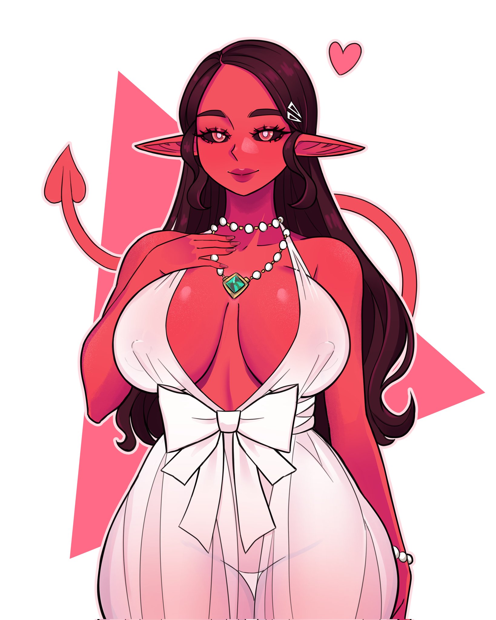 1girls, arthydraws, big breasts, black sclera, breasts, bride, brown hair, charlotte (succuboos), commission, demon, demon girl, demon tail, dress, female, female only, heart, hi res, long hair, looking at viewer, milf, necklace, nipple bulge, original character, pointy ears, red eyes, red lipstick, red skin, red-skinned female, solo, solo female, succubus, tail, thick thighs, thigh gap, transparent clothing, wedding dress, white background, wide hips