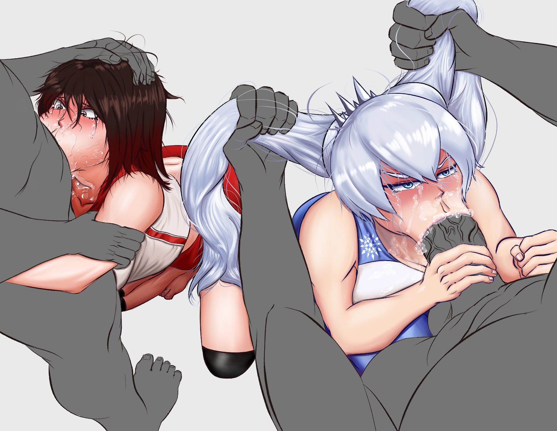 :>=, 2boys, 2girls, all the way to the base, balls, balls deep, balls deep fellatio, blush, brown hair, deep blowjob, deepthroat, deepthroat hug, drool, drooling, fellatio, female, gag, gagging, gym, gym uniform, hair grab, hair pull, handlebars, male, multiple boys, multiple females, multiple girls, multiple males, oral, oral sex, petite, ponytail, pulling hair, pulling twintails, questionable consent, ruby rose, rwby, saliva, simple background, sloppy, squatting, surprised, tears, throat bulge, throat fuck, throat penetration, twintails, vante light, weiss schnee, white hair, workout, workout clothes