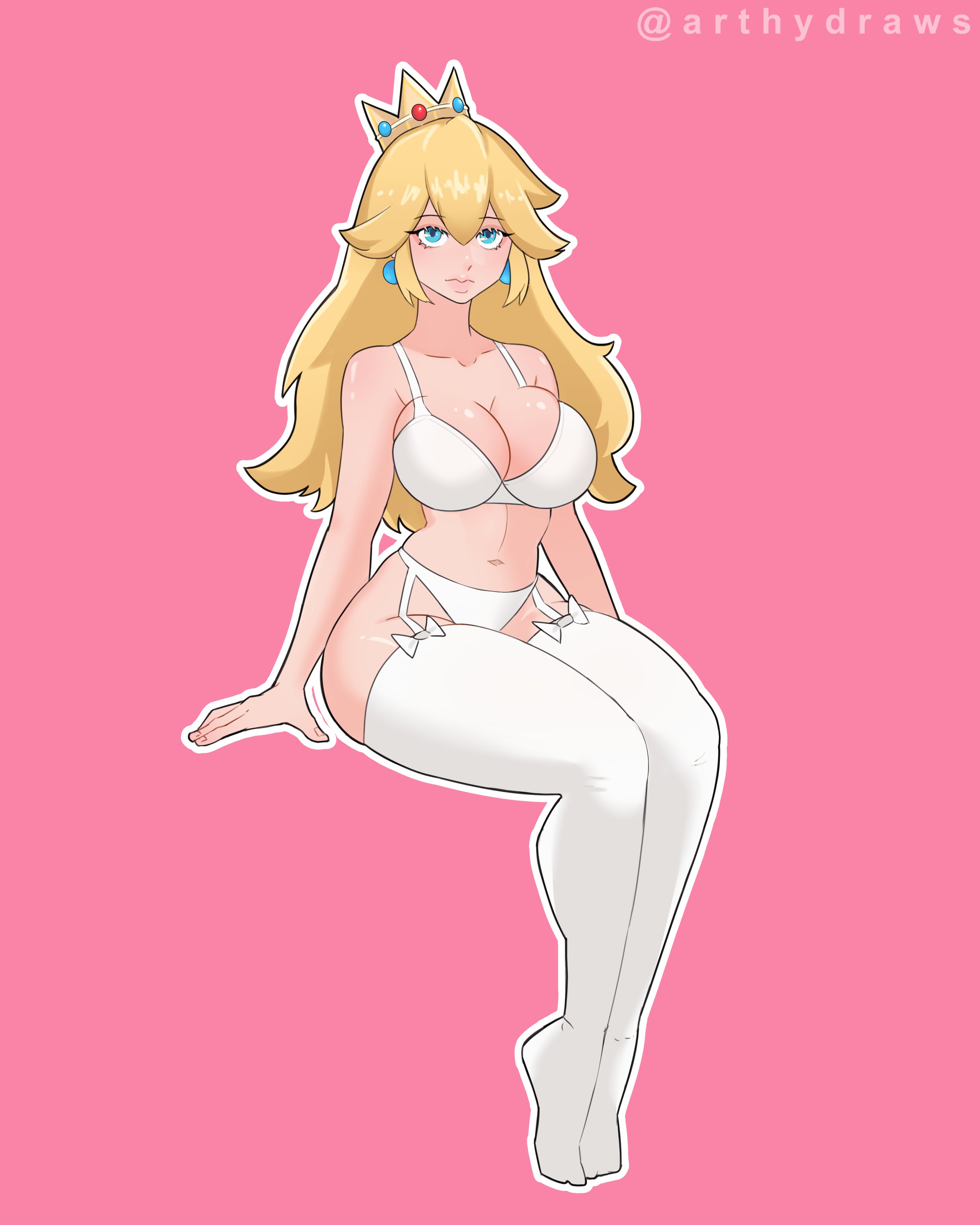 1girls, 2022, absurd res, aqua eyes, arthydraws, blonde hair, crown, earrings, female, female only, garter straps, lingerie, long hair, looking at viewer, mario (series), nintendo, pink background, princess peach, sitting, solo, solo female, thick thighs, thighhighs, unamused, white thighhighs