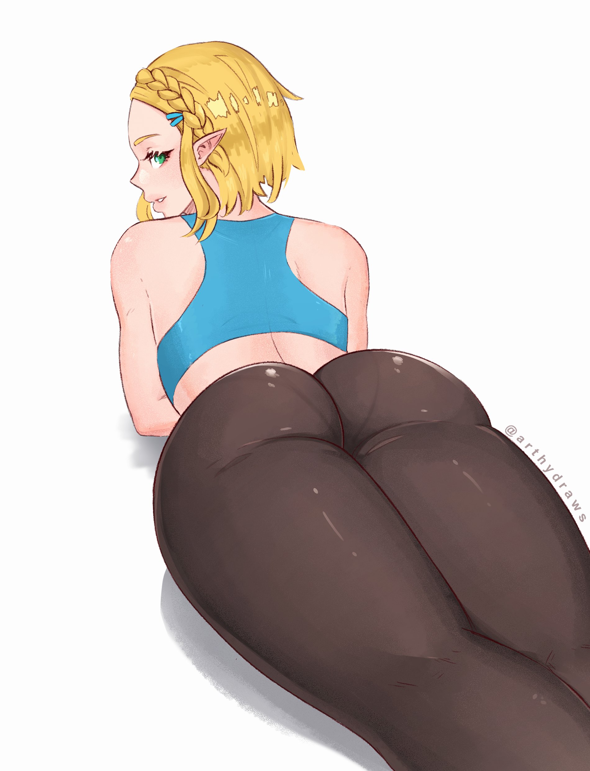 1girls, 2021, arthydraws, ass, bimbo, blonde hair, braided hair, breath of the wild, female, female only, green eyes, hi res, legs together, looking at viewer, looking back, lying, lying on stomach, medium hair, nintendo, panties visible through clothing, pointy ears, princess zelda, smiling at viewer, solo, solo female, tears of the kingdom, the legend of zelda, thick thighs, topwear, white background, yoga pants, zelda (tears of the kingdom)