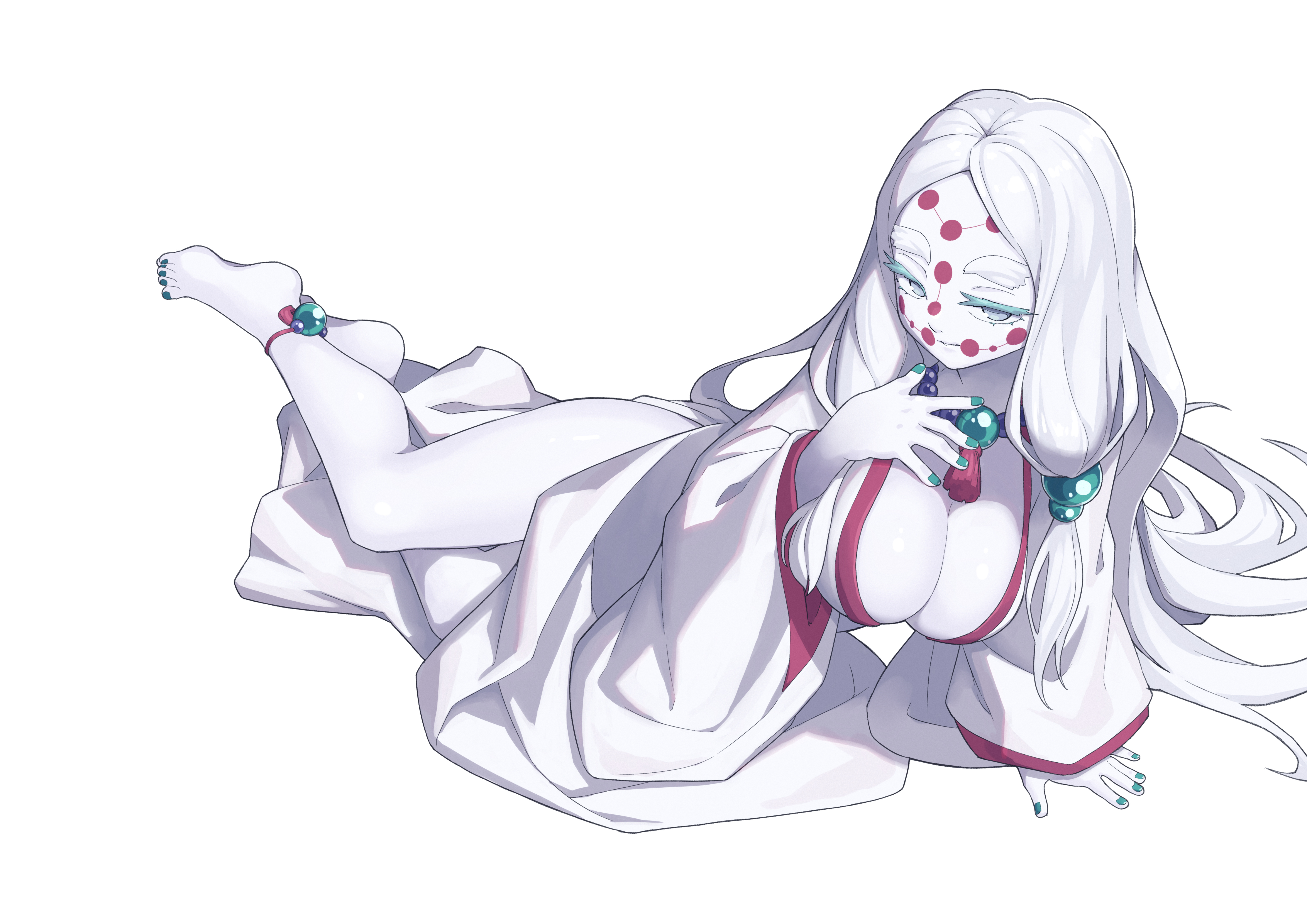 absurd res, anklet, arukiru, barefoot, big breasts, breasts, cleavage, demon, demon girl, demon slayer, facial markings, feet, female, female only, full body, hi res, jewelry, kimetsu no yaiba, kimono, long hair, looking at viewer, mother spider demon, nail polish, necklace, on side, open kimono, reclining, silver eyes, solo, spider girl, thick eyebrows, toenail polish, very long hair, white body, white hair, white skin
