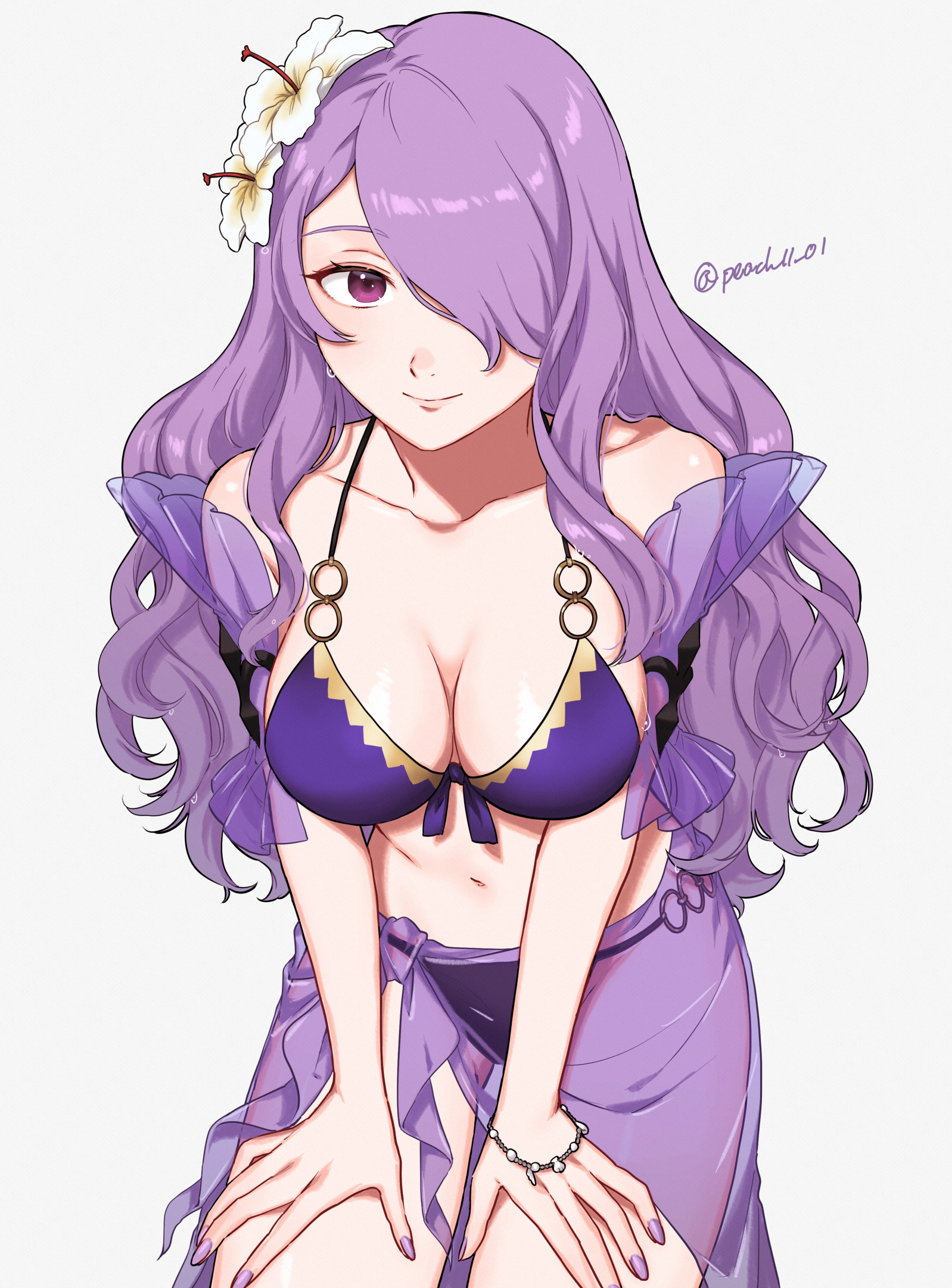 1girls, alternate costume, bare thighs, bikini, breasts, camilla (fire emblem), cleavage, closed mouth, collarbone, commentary request, female, female only, fingernails, fire emblem, fire emblem fates, fire emblem heroes, flower, grey background, hair flower, hair ornament, hair over one eye, hibiscus, highres, large breasts, long hair, looking at viewer, navel, nintendo, official alternate costume, one eye covered, peach11 01, purple bikini, purple eyes, purple hair, purple nails, purple swimsuit, sarong, see-through, see-through skirt, simple background, skirt, smile, swimsuit, thighs, twitter username, wavy hair, wet, white flower