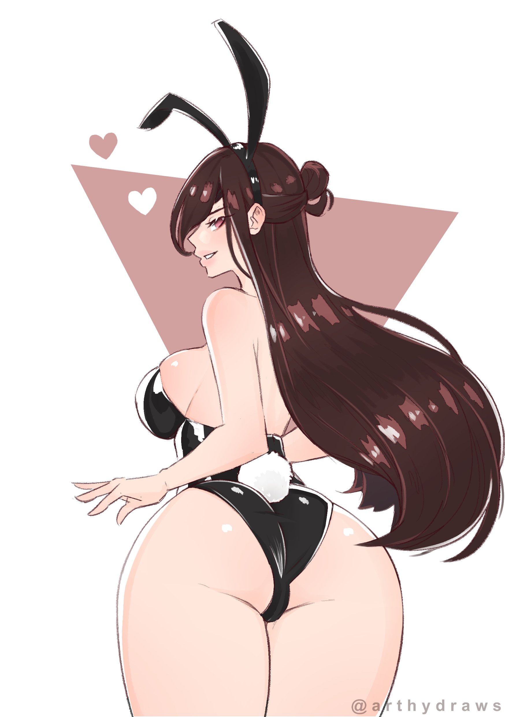 1girls, 2021, arthydraws, ass, back view, beidou (genshin impact), breasts, brown hair, bunny ears, bunny tail, bunnysuit, cameltoe, female, female only, genshin impact, hair bun, heart, hi res, legs together, long hair, looking at viewer, looking back, pink eyes, pink lips, pussy, sideboob, smiling, smiling at viewer, solo, solo female, thick thighs