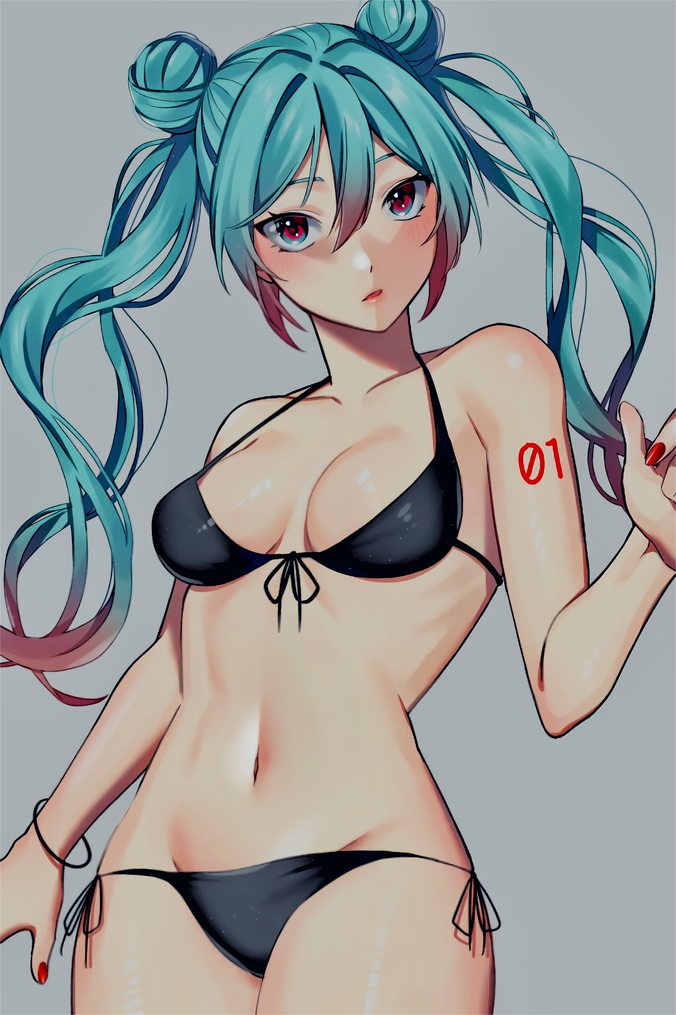 1girl, 1girls, aqua eyes, aqua hair, bangs, bikini, black bikini, blue eyes, blue hair, bracelet, breasts, collarbone, cowboy shot, cyan hair, double bun, female, female only, front-tie bikini top, front-tie top, gradient hair, grey background, groin, hair between eyes, hair bun, halterneck, hatsune miku, jewelry, long hair, looking at viewer, medium breasts, multicolored hair, nail polish, navel, parted lips, red nails, shiny, side-tie bikini bottom, simple background, solo, solo female, standing, stomach, string bikini, swimsuit, tattoo, twintails, very long hair, vocaloid