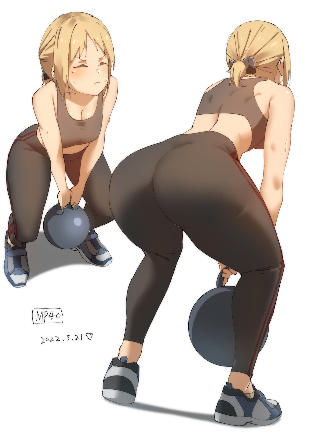 absurdres ass bare_arms black_sports_bra blonde_hair breasts cleavage closed_eyes closed_mouth dated exercise female girls'_frontline highres kettlebell leggings medium_breasts midriff mp40_(girls'_frontline) multiple_views shoes short_hair short_ponytail simple_background sneakers sports_bra sportswear squatting standing sweat triangle_bullet weightlifting white_background yoga_pants