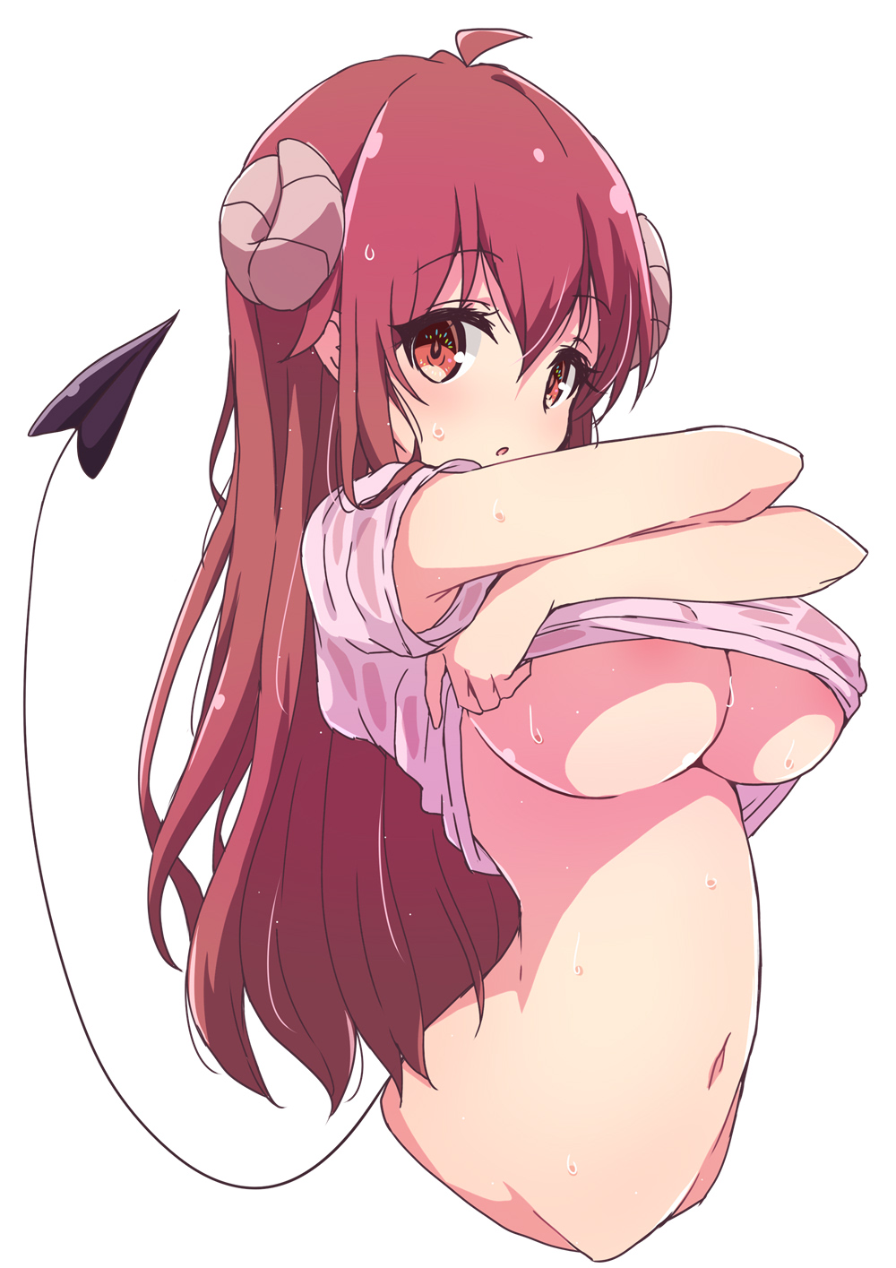 1girls :o bottomless breasts clothes_lift curled_horns demon demon_girl demon_horns demon_tail female highres horns large_breasts lifted_by_self long_hair looking_at_viewer machikado_mazoku mel_(melty_pot) navel pink_shirt red_eyes red_hair shirt shirt_lift simple_background solo solo_female stomach tail underboob undressing wet wet_clothes wet_shirt white_background yoshida_yuuko_(machikado_mazoku)