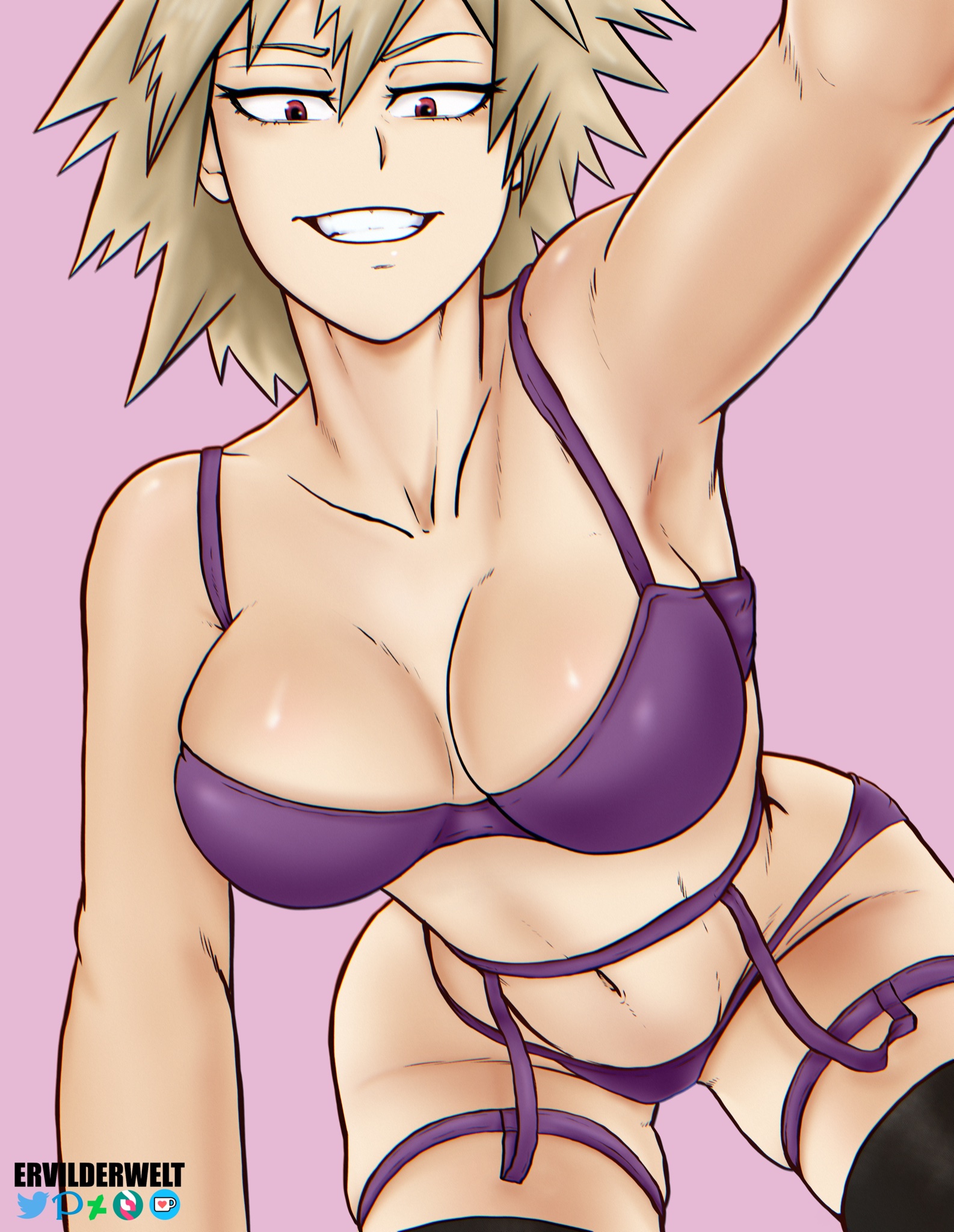 1girls, blonde hair, breasts, cleavage, cougar, cougar milf, ervilderwelt, female, female only, garter straps, grin, large breasts, lingerie, married female, mature female, milf, mitsuki bakugou, my hero academia, pink background, short hair, short-haired female, solo, solo female, source deleted