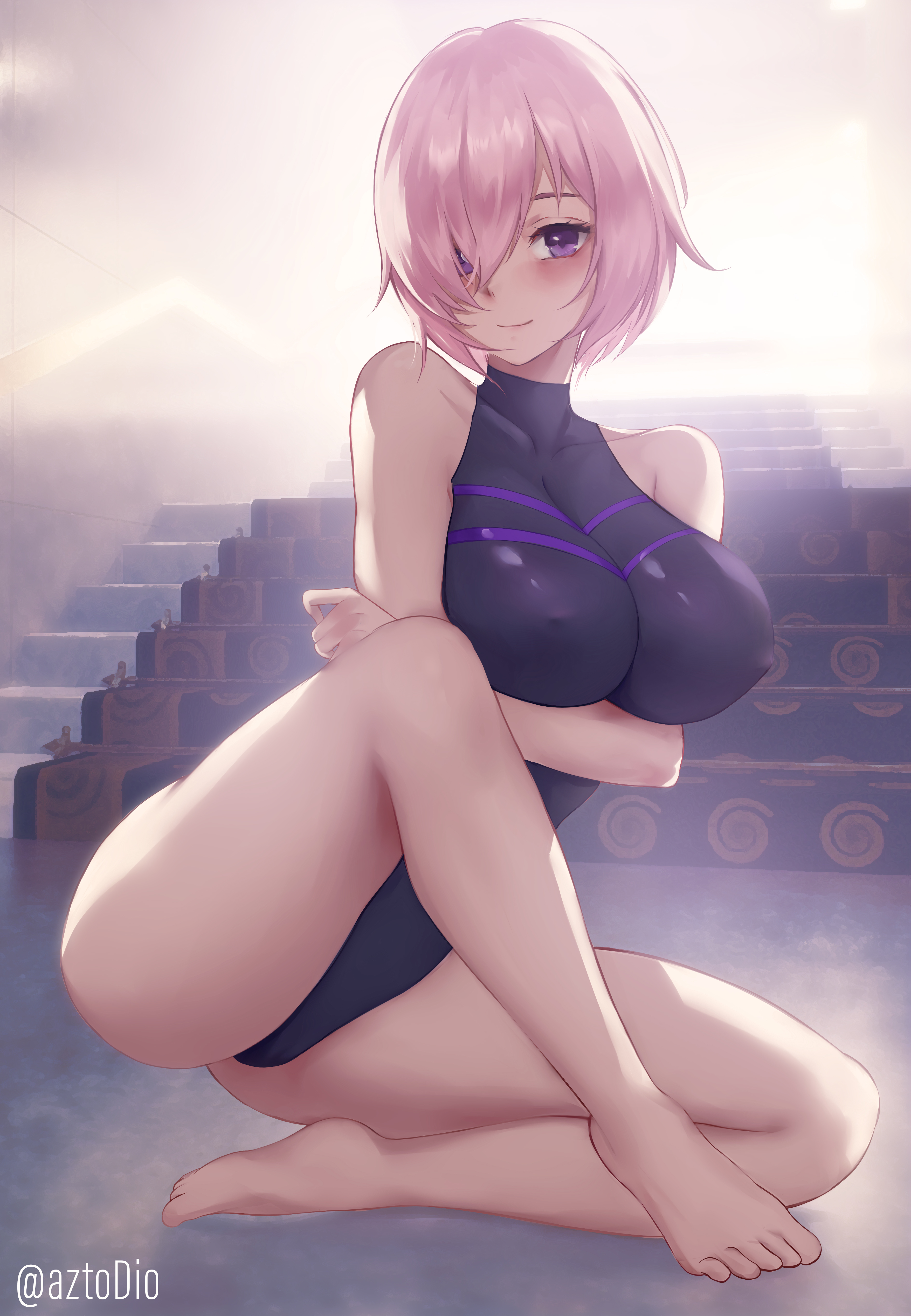 1girls, 2022, absurd res, azto dio, big breasts, blush, bob cut, bodysuit, breasts, carpet, fate (series), fate/grand order, feet, female, female only, flexible, hair over one eye, holding breast, huge breasts, looking at viewer, mash kyrielight, nipple bulge, pink hair, purple eyes, short hair, sitting, smile, stairs, thick thighs