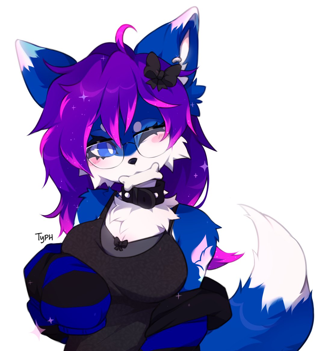 animation_meme_community anthro big_breasts blue_eyes blue_fur bone breasts clothed clothing collar crispytyph female furry glasses hairbow hoodie pink_highlights purple_hair tagme tail typh