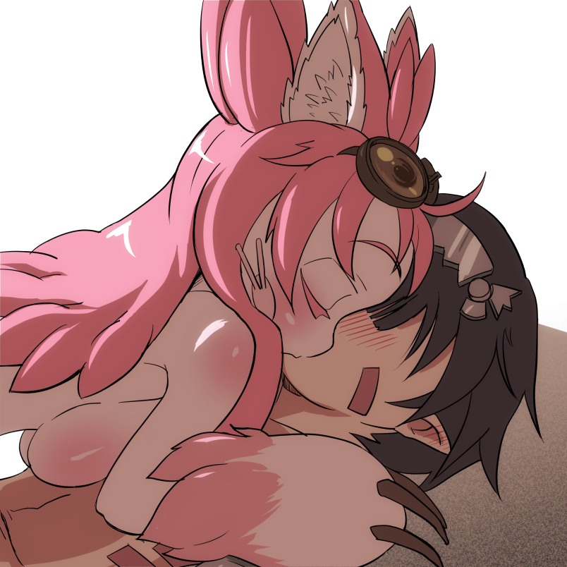 1boy 1girls animal_ears anthro big_breasts blush breast_press claws closed_eyes dark_hair faceless_male facial_markings female female_on_top femdom fluffy fur goggles goggles_on_head interspecies kissing long_hair made_in_abyss male mitty narehate pink_fur pink_hair pinned pinned_down pointy_ears reg robot_boy robot_humanoid robotic_arm sharp_claws sideboob tied_hair topless topless_female two_tone_fur whiskers white_body white_fur