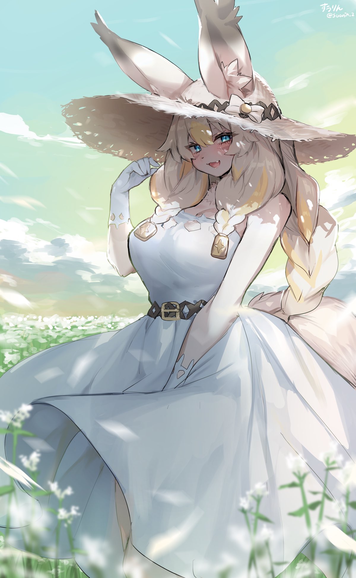big breasts, blonde female, blue eyes, breasts, female, furry, looking at viewer, shiny eyes, smile, solo, straw hat, suurin (ksyaro), tagme, white gloves