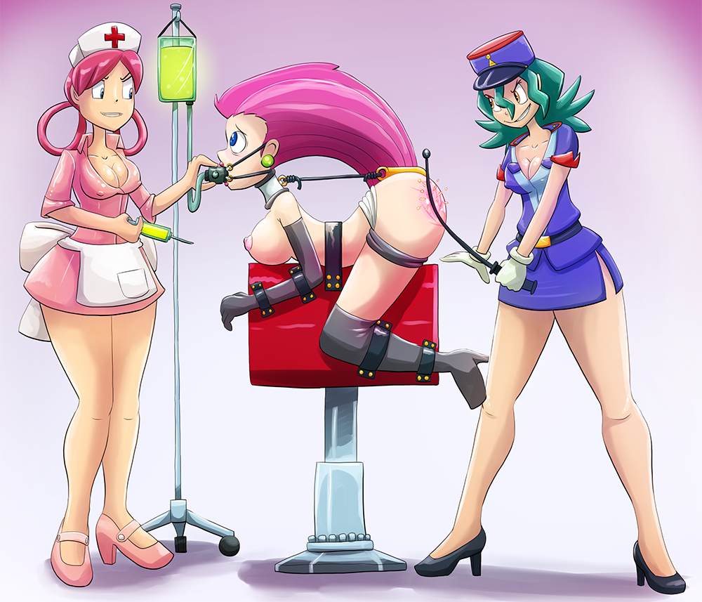 3girls big_breasts bondage collar earrings female female_only gag jessie_(pokemon) multiple_girls nurse_joy officer_jenny_(pokemon) pink_hair pokemon spanking thick_thighs worried