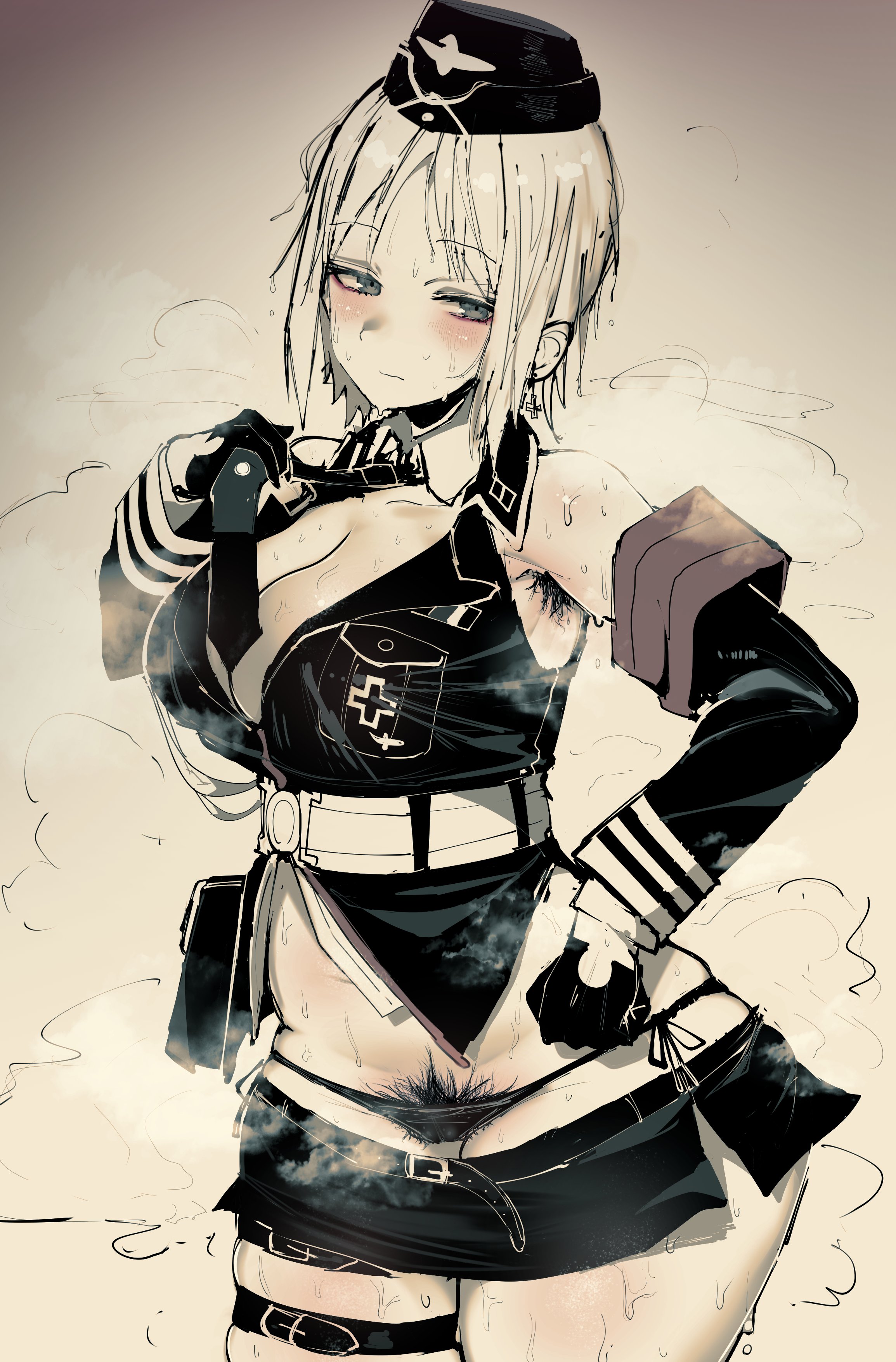 1girls, absurdres, akitaka takaaki, armpit hair, armpits, bangs, big breasts, black gloves, black jacket, black panties, black skirt, blonde hair, blouse, blue eyes, breasts, brown background, cleavage, detached collar, detached sleeves, female, female only, female pubic hair, garter, girls' frontline, gloves, hat, highres, jacket, large breasts, microskirt, military, military hat, military uniform, miniskirt, mp40 (girls' frontline), panties, pubic hair, pussy, shirt, short hair, short sleeves, skirt, solo, string panties, sweat, underwear, unicorn, uniform, wide hips
