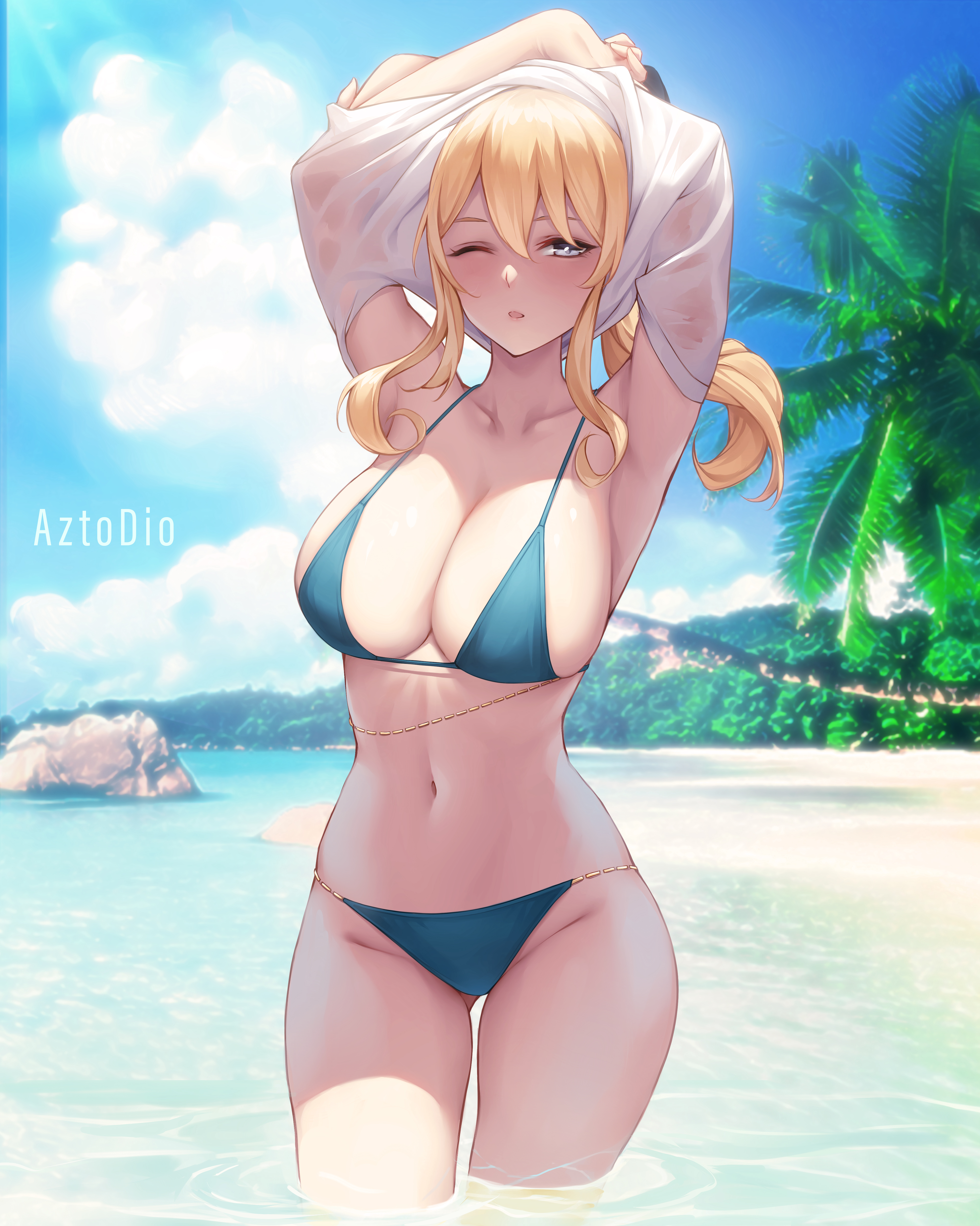 1girls, 2022, absurd res, armpits, arms up, artist signature, azto dio, beach, bikini, blonde female, blonde hair, blue eyes, breasts, female, female only, genshin impact, huge breasts, jean gunnhildr, long hair, one eye closed, outdoors, patreon username, ponytail, solo