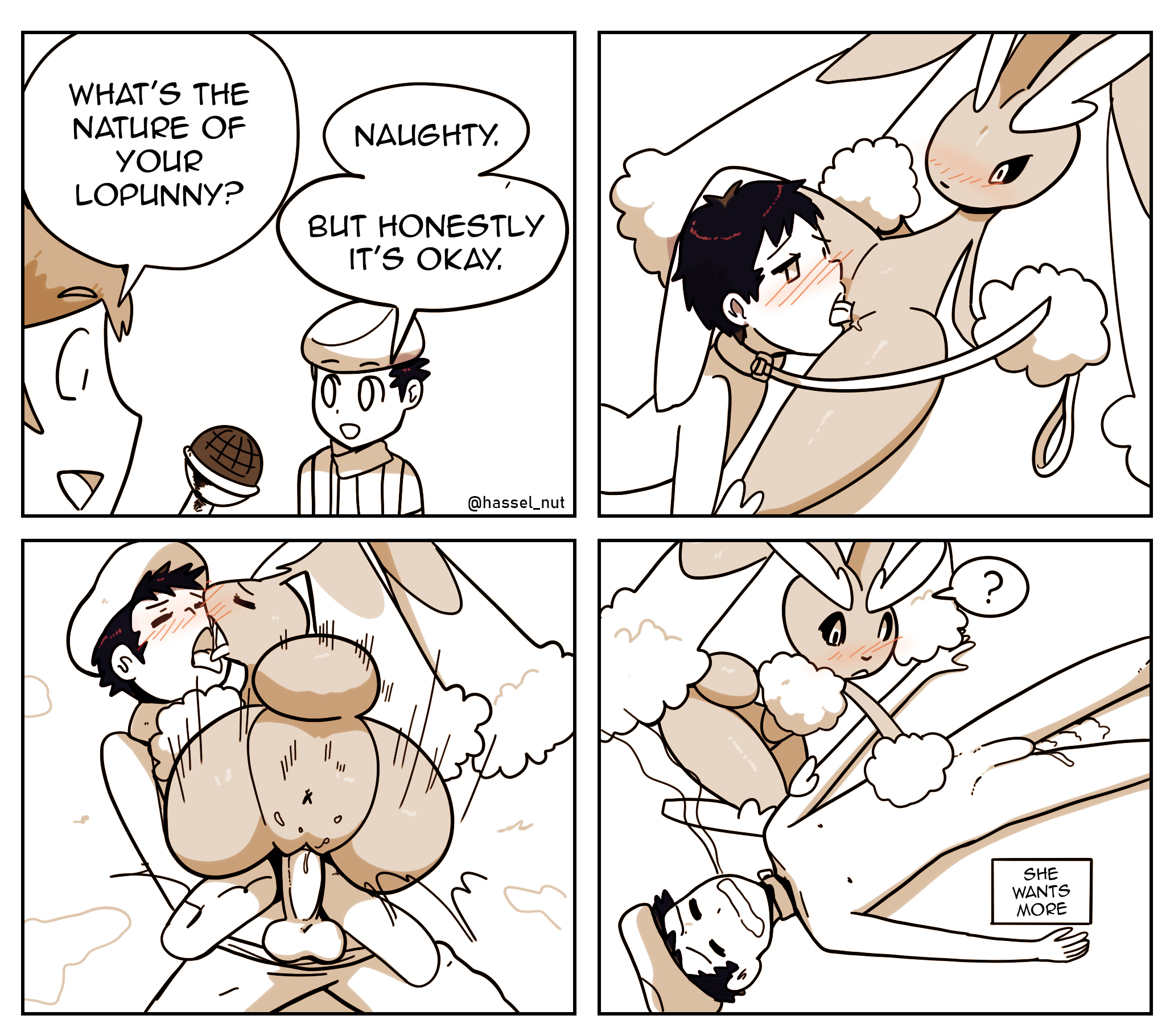 1boy, 1girls, anus, balls, blush, collar, cowgirl position, cunnilingus, dialogue, english text, female, femdom, hasselnut, hi res, human, leash, leash pull, lopunny, lucas (pokemon), male, motion lines, nintendo, oral, pale skin, passed out, penetration, penis, pokémon (species), pokemon, pokemon (species), pokephilia, pussy, speech bubble, tongue kiss, vaginal, vaginal penetration, wolfgang bang