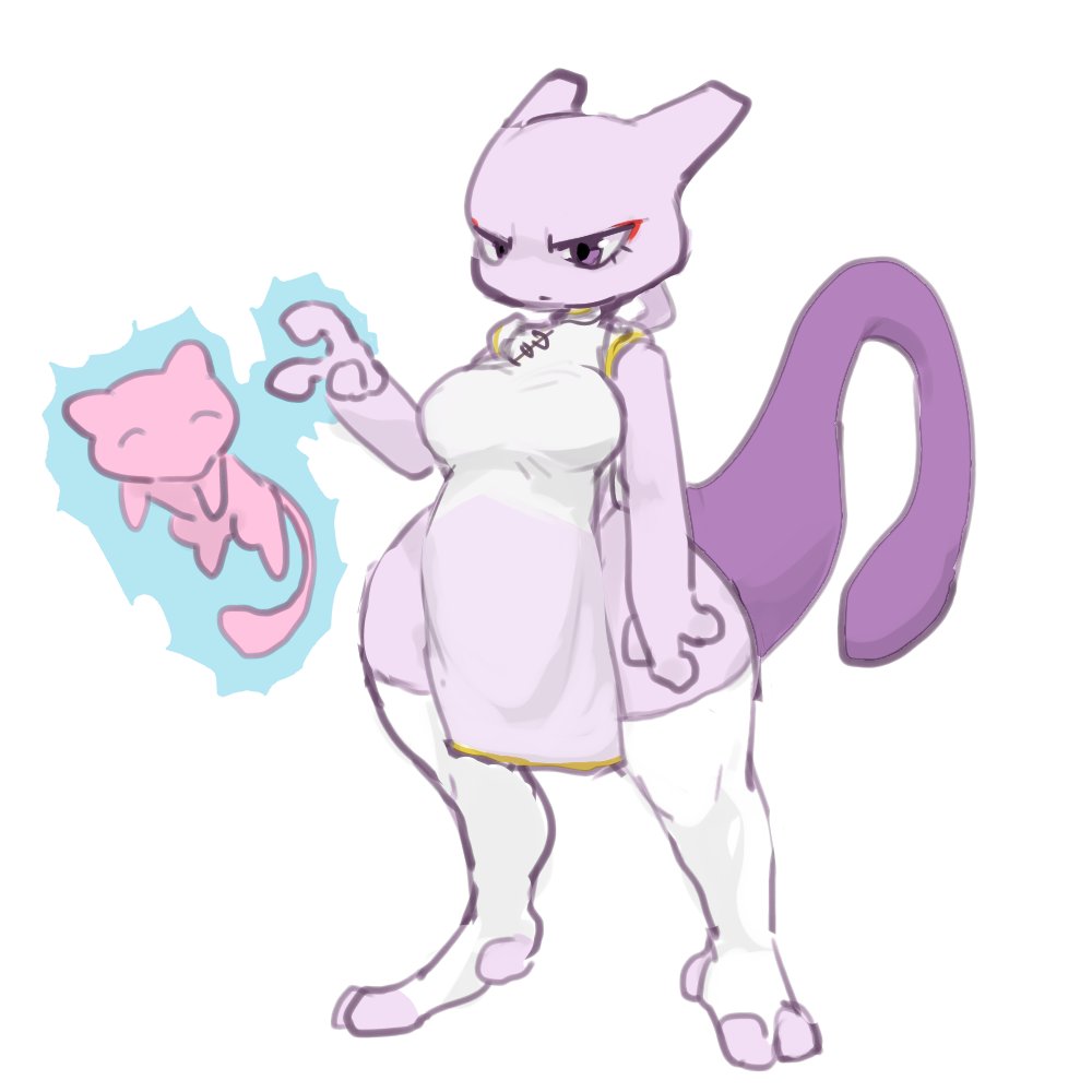 big_breasts breasts female_mewtwo legendary_pokémon mew mewtwo mythical_pokemon nintendo pink_skin pokemon pokemon_(species) purple_eyes purple_skin tagme tail zamuzaza2