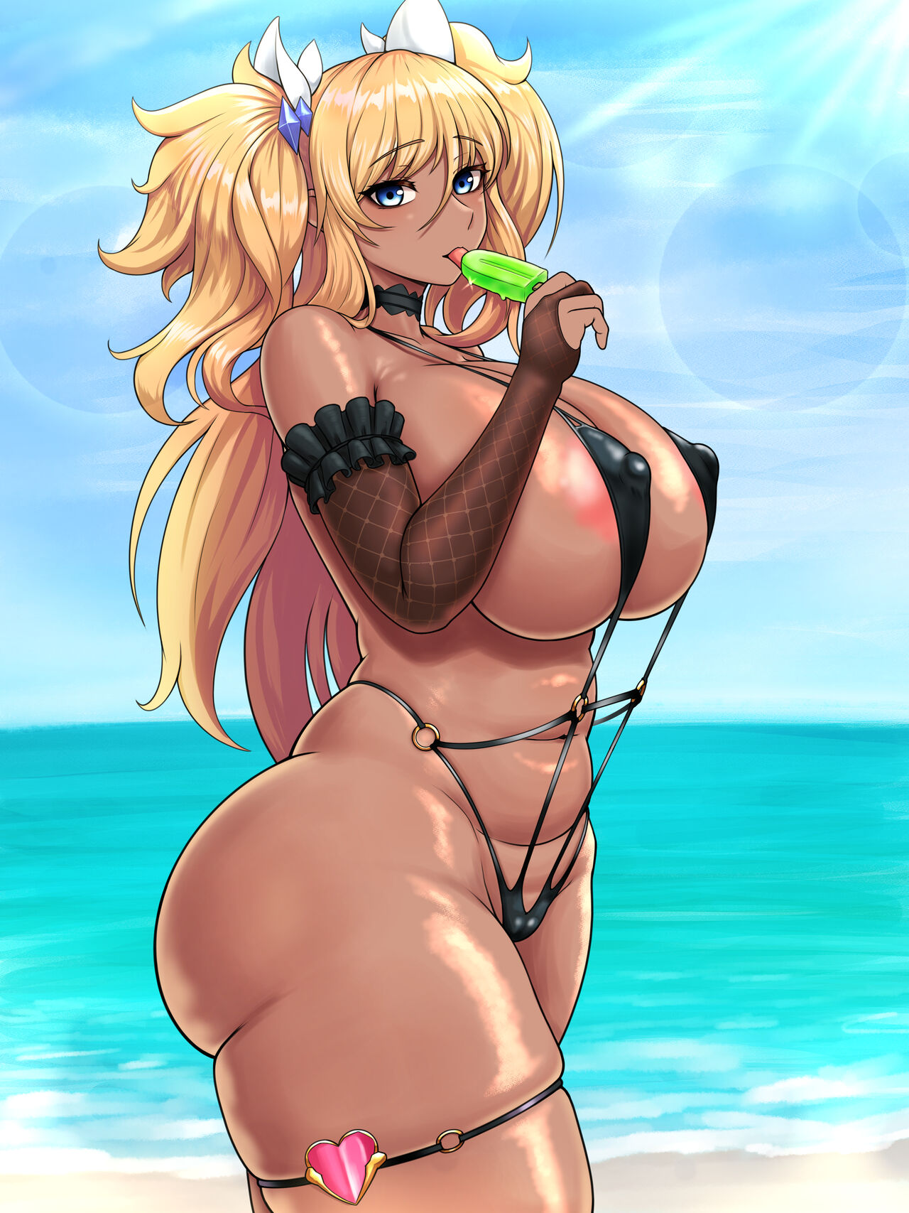 1girls abs big_breasts bikini blonde_hair blue_eyes huge_breasts ice_cream large_breasts micro_bikini muscle muscle_tone muscular muscular_female nipple_bulge onisaki_kirara onizaki_kirara six_pack solo solo_female taimanin_(series) tanned tanned_female tanned_skin thigh_strap wet_tea wide_hips