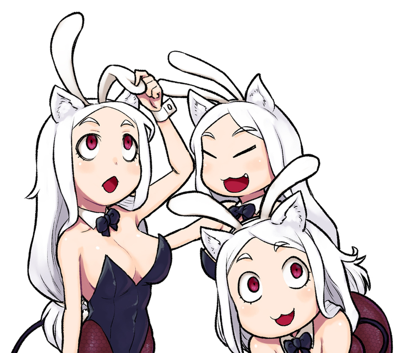 :3, breasts, bunny ears, bunnysuit, cerberus (helltaker), female, helltaker, medium breasts