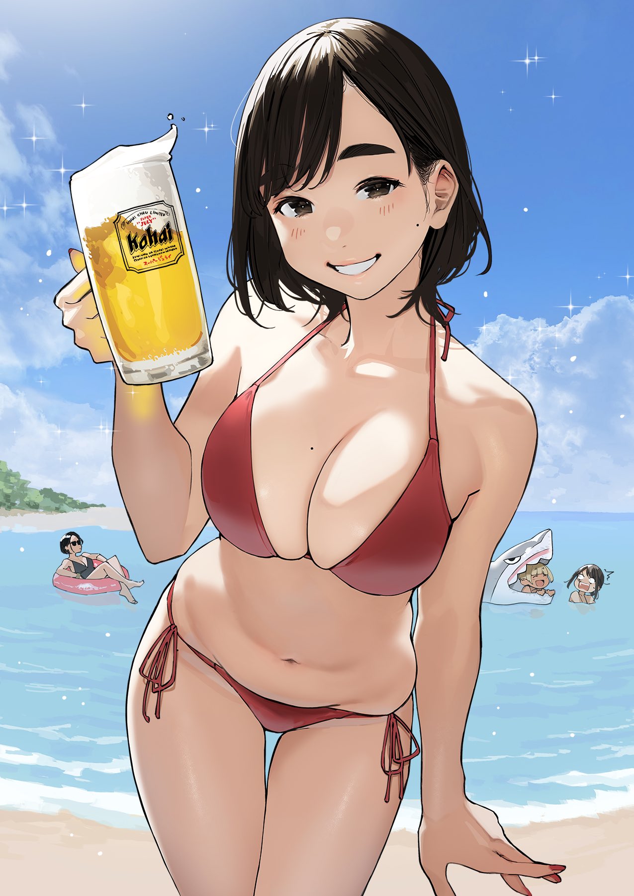 2d, alcoholic drink, beach, beer, beverage, big breasts, bikini, breasts, brown eyes, brown hair, cute, female, holding drink, holding object, large breasts, looking at viewer, outdoors, outside, red bikini, smile, standing, tagme, y o m y o m